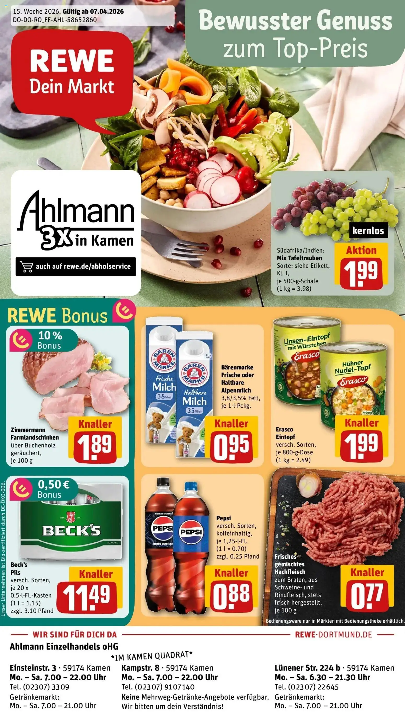 Vorschau von dem Prospekt des Geschäftes Rewe, gültig ab dem 05.04.2026 - Uhr, Cola, Milch, Hackfleisch, Zucker, Pepsi, Pils, Erasco