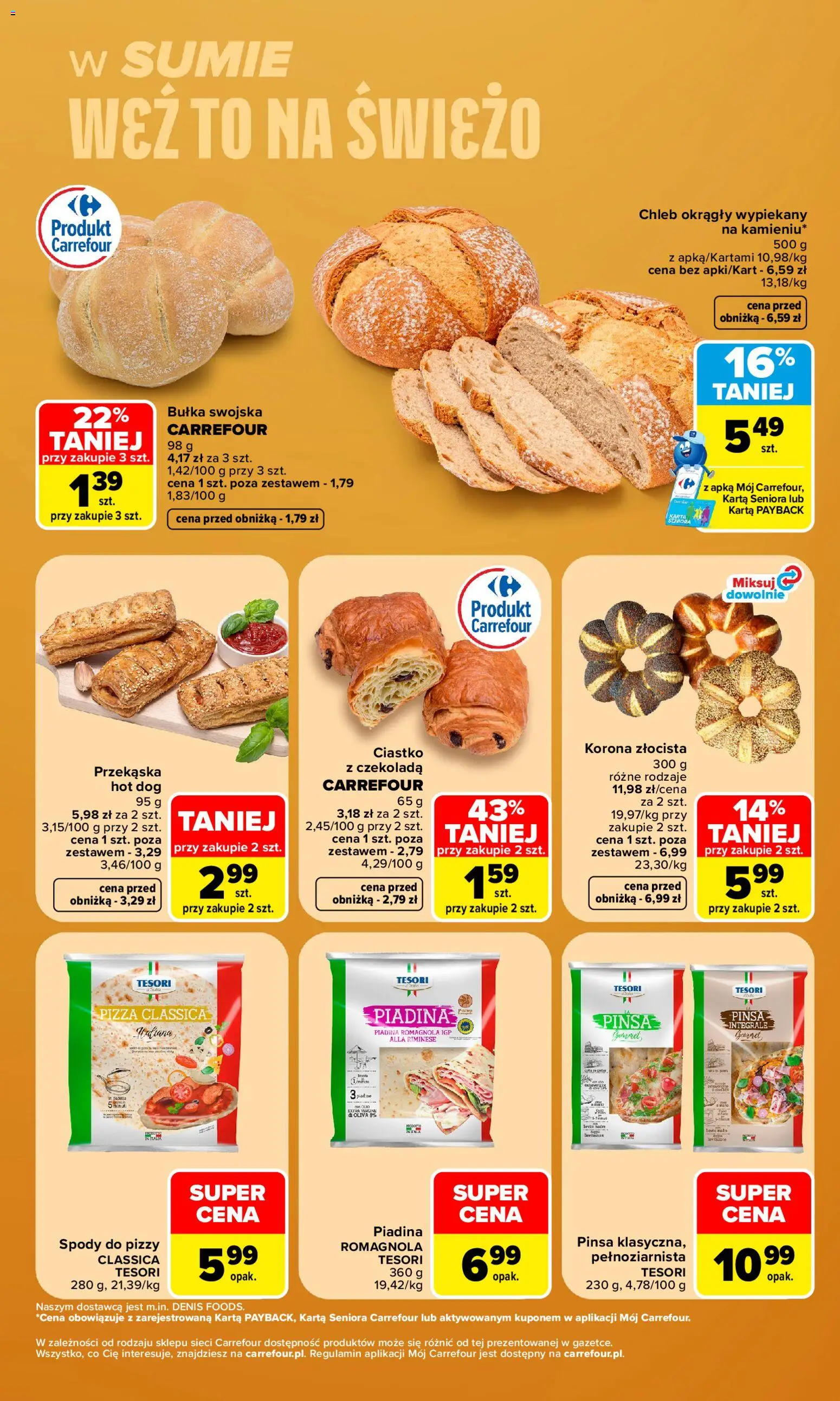 Pogląd gazetki "Carrefour gazetka - Weź to na świeżo" ze sklepu Carrefour ważnej od 12.10.2026 - Pizza, Pinsa, Czekolada, Chleb, Hot dog, Bułka, Karta, Spody do pizzy