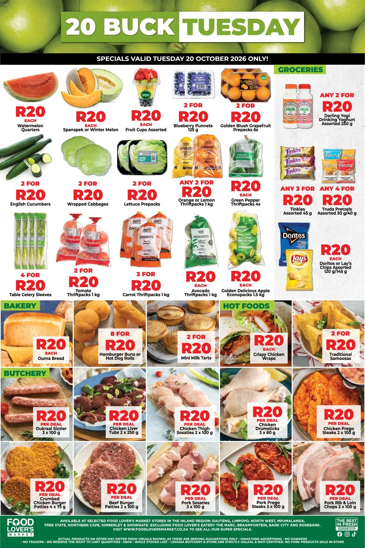 Preview of Food Lover's Market flyer valid from 20/10/2026 - Fruit, Milk, Oranges, Avocados, Tomatoes, Cucumbers, Beef, Samoosas