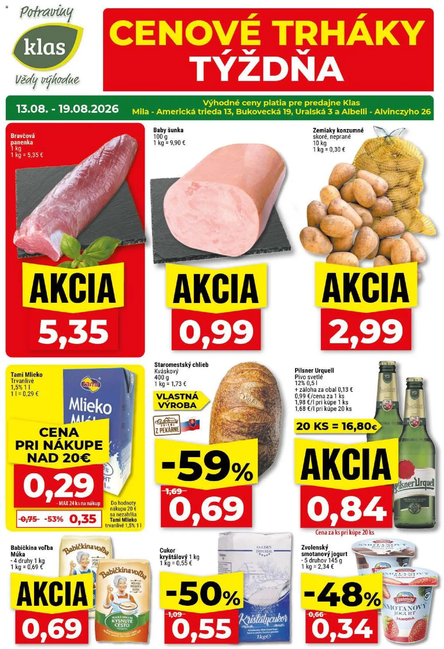 Náhľad Klas letáku platného od 13.08.2026 - Mlieko, Chlieb, Cukor, Mila, Jogurt, Šunka, Cesto, Smotanový jogurt