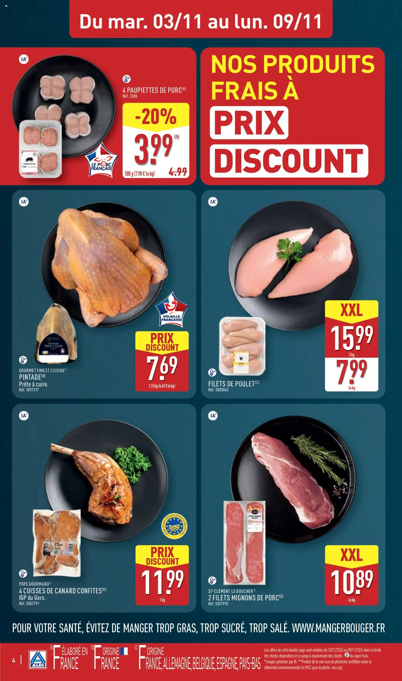 Prévisualisation de Aldi catalogue du magasin Aldi formulaire valide 03/11/2026 - Poulet, Canard, Paupiettes de porc, Cuisses de canard confites, Volaille, Porc, Filets de poulet, Cuisses de canard