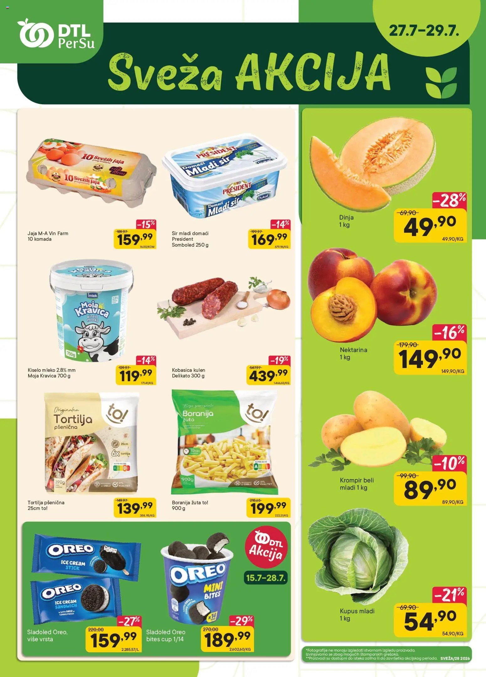 Pregled PerSu kataloga - važi od 27.07.2026 - Kupus, Tortilja, Oreo, Jaja, Kiselo mleko, Moja kravica, Mleko, Sir