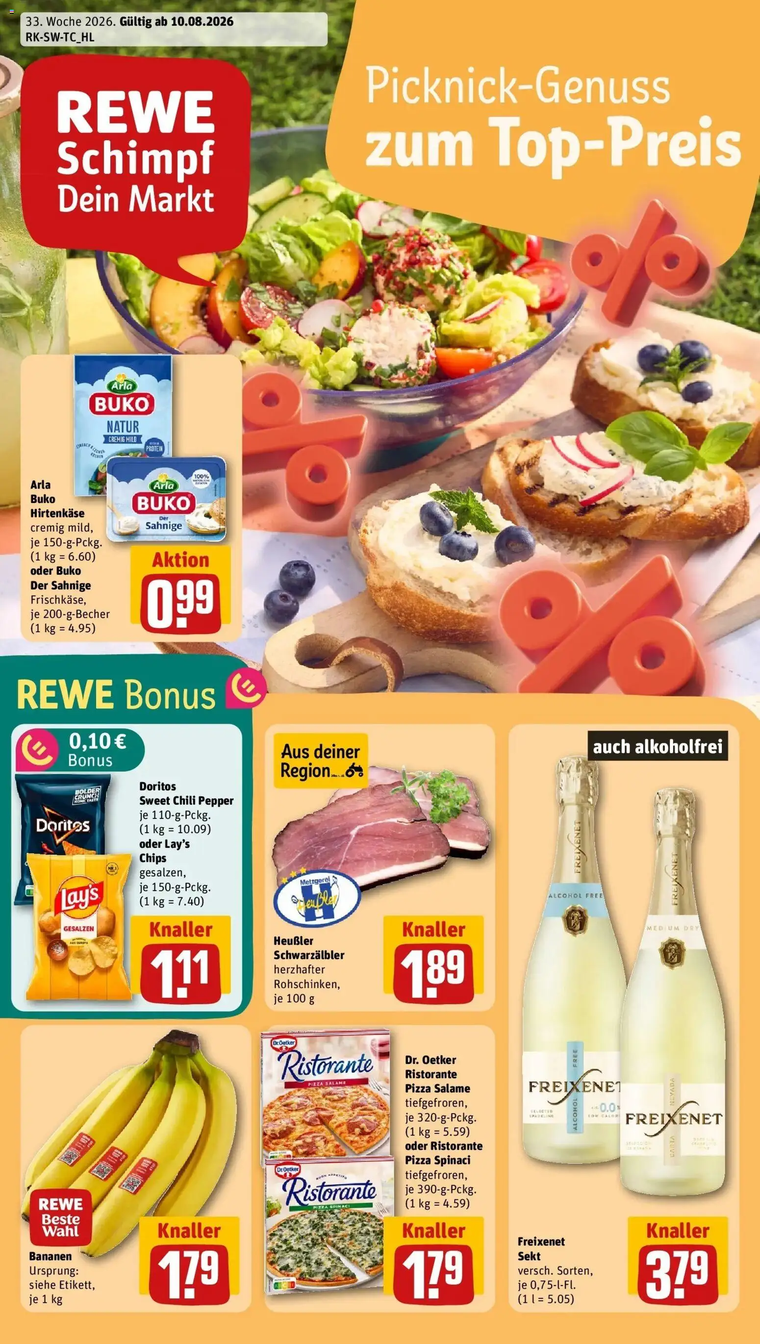 Vorschau von dem Prospekt des Geschäftes Rewe, gültig ab dem 10.08.2026 - Pizza, Bananen, Ristorante, Chili, Freixenet, Arla buko