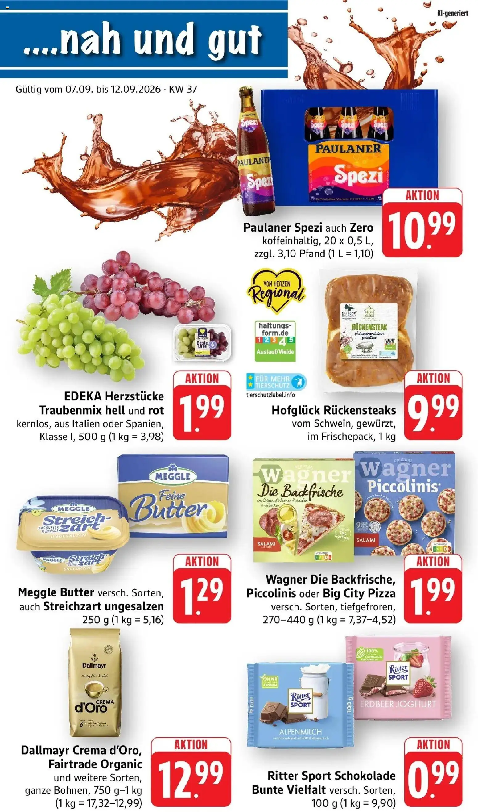 Vorschau von dem Prospekt des Geschäftes nah & gut, gültig ab dem 07.09.2026 - Pizza, Schokolade, Ritter sport, Paulaner spezi, Paulaner, Piccolinis, Salami, Meggle butter
