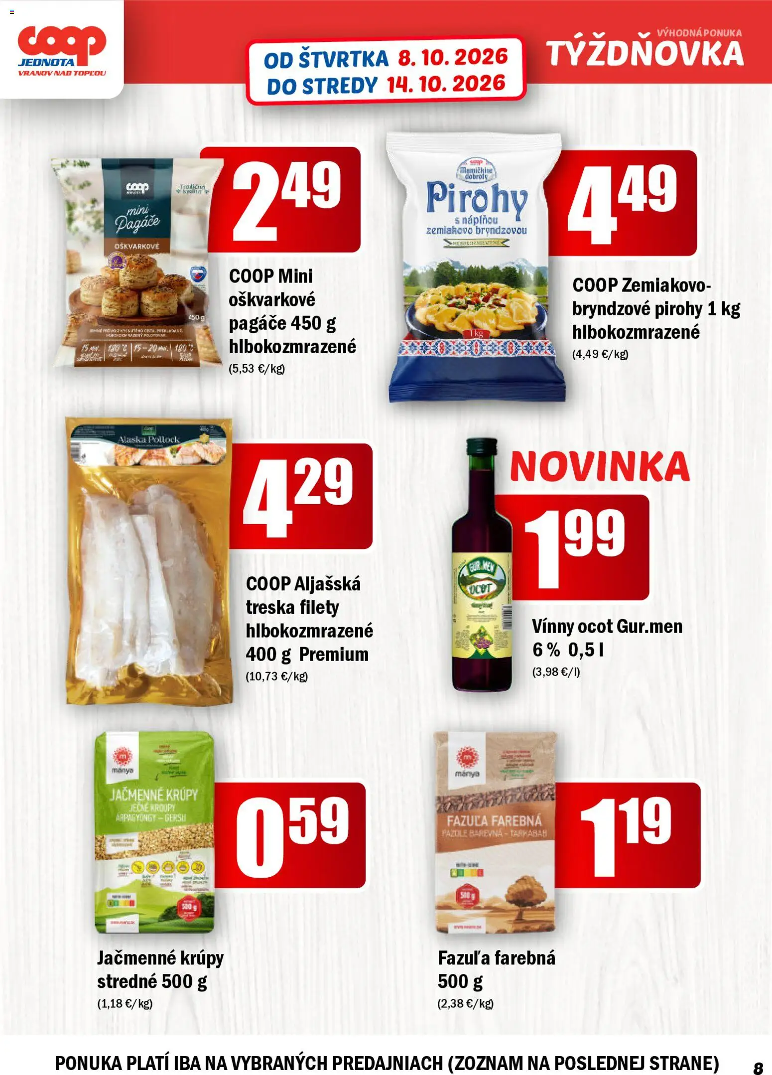 Náhľad COOP Jednota letáku platného od 08.10.2026 - Krúpy, Pirohy, Treska, Fazuľa, Ocot, Vínny ocot