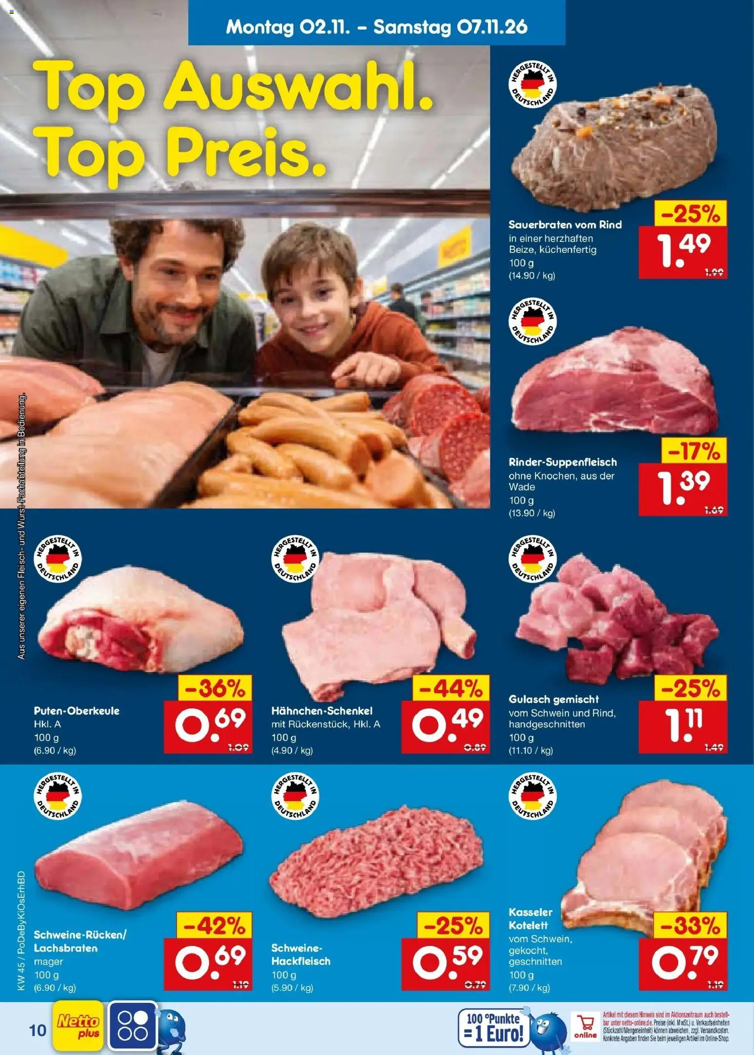 Vorschau von dem Prospekt des Geschäftes Netto Marken-Discount, gültig ab dem 02.11.2026 - Gulasch, Top, Fleisch, Hackfleisch, Hahnchenschenkel