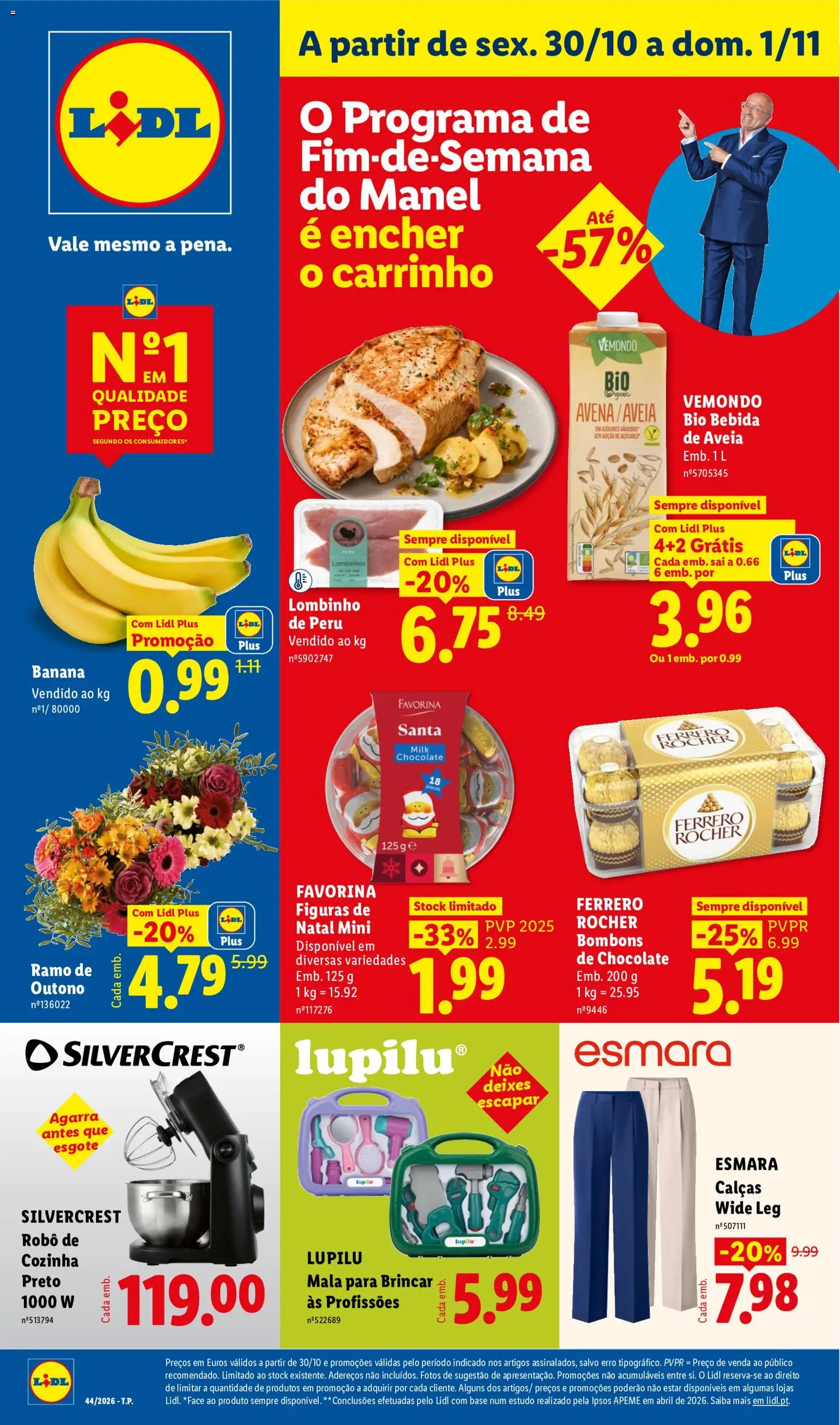 Pré-visualização do folheto da loja Lidl válida a partir de 30/10/2026 - Peru, Banana, Ferrero rocher, Calças, Base, Bebida, Aveia, Robô