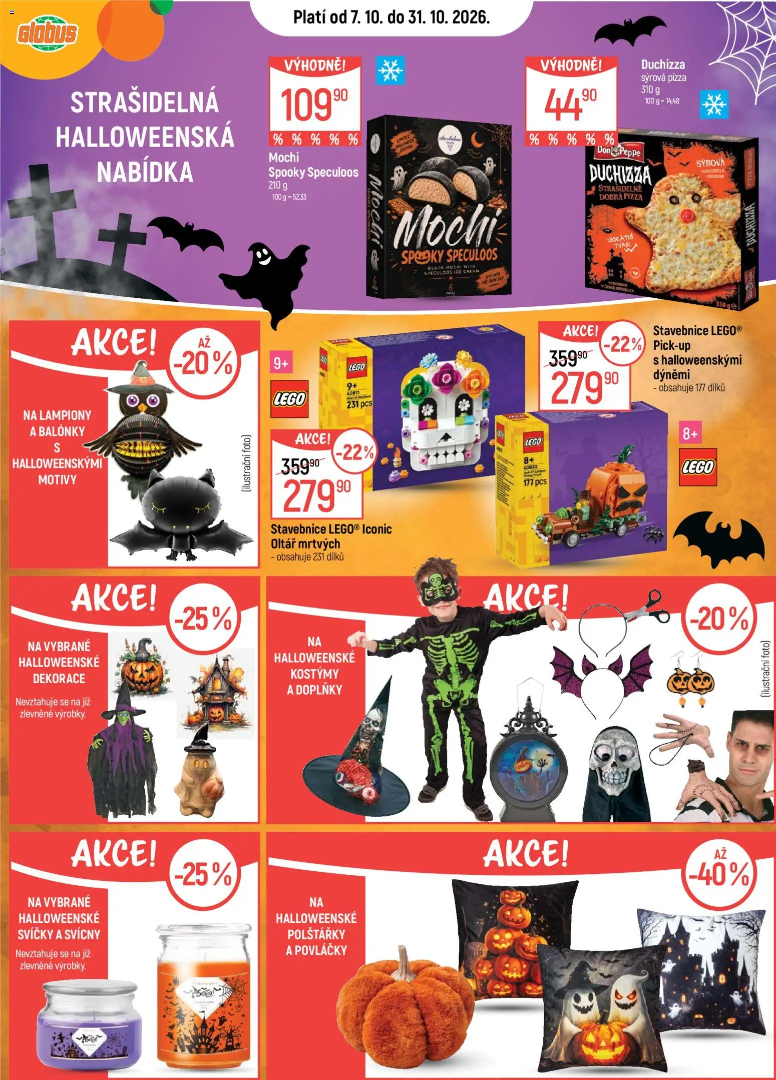 Náhled nabídky: Globus Globus leták - Strašidelná Hallowenská Nabídka platný od 07.10.2026 - Pizza, Globus, Dekorace, Svíčky, Balonky, Kostýmy, Polštářky, Svícny