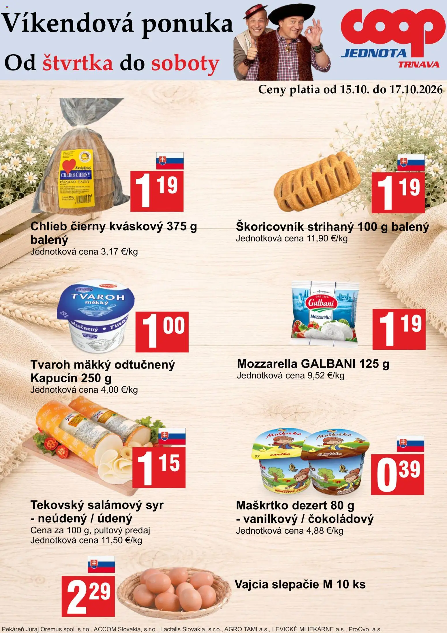Náhľad COOP Jednota letáku platného od 15.10.2026 - Pekáreň, Syr, Tvaroh, Chlieb, Mozzarella, Dezert, Vajcia