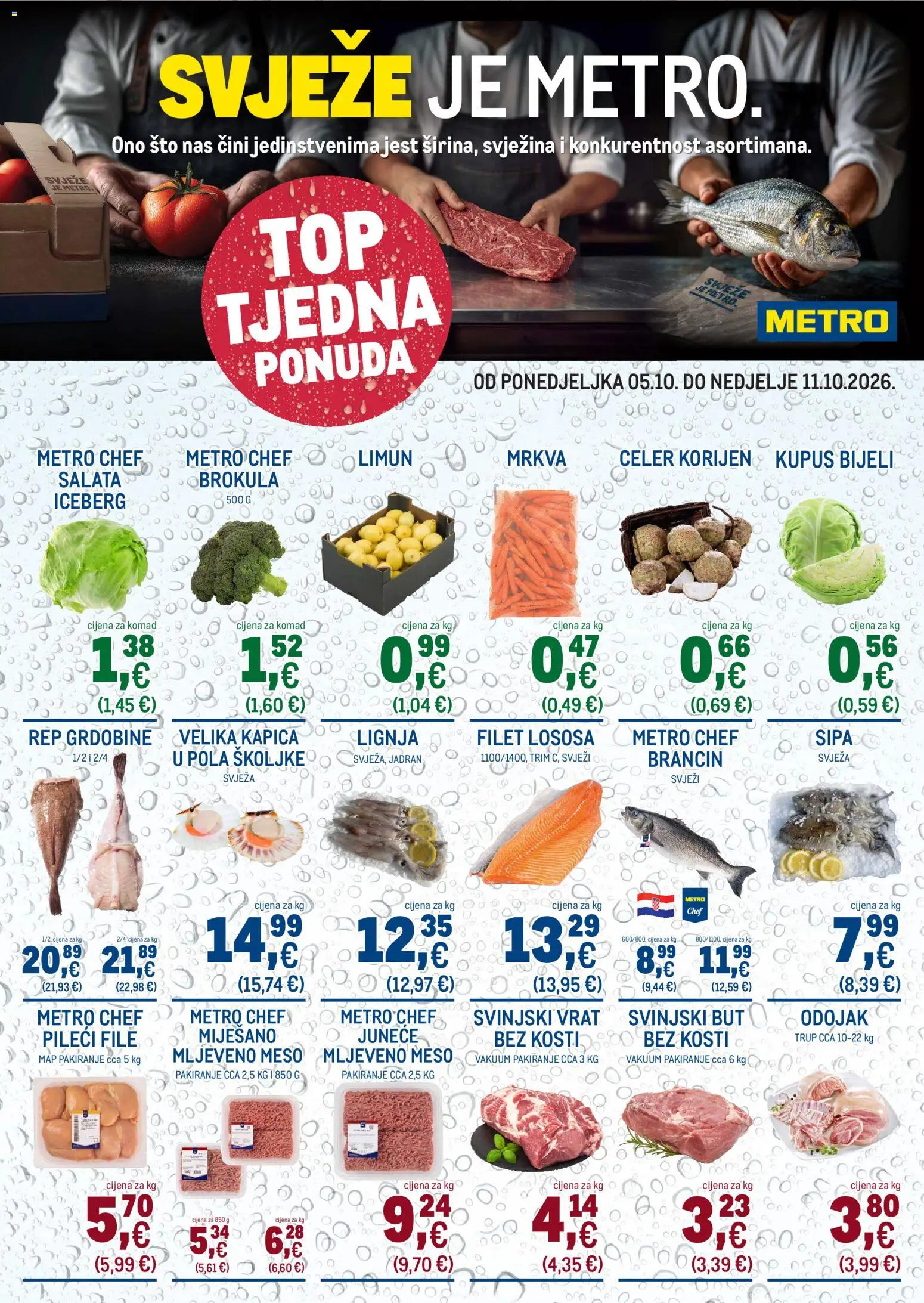 Pregled letka Metro Top tjedna ponuda trgovine Metro vrijedi od 05.10.2026 - Salata, Sipa, Celer, Brokula, Mrkva, Svinjski vrat, Pileći file, Filet lososa