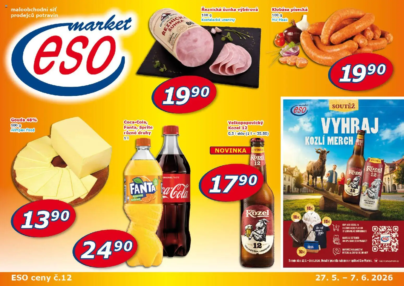 Náhled nabídky: Eso market Eso market leták platný od 27.05.2026 - Písek, Kozel, Klobása, Fanta, Gouda, Sprite, Síť, Uzeniny