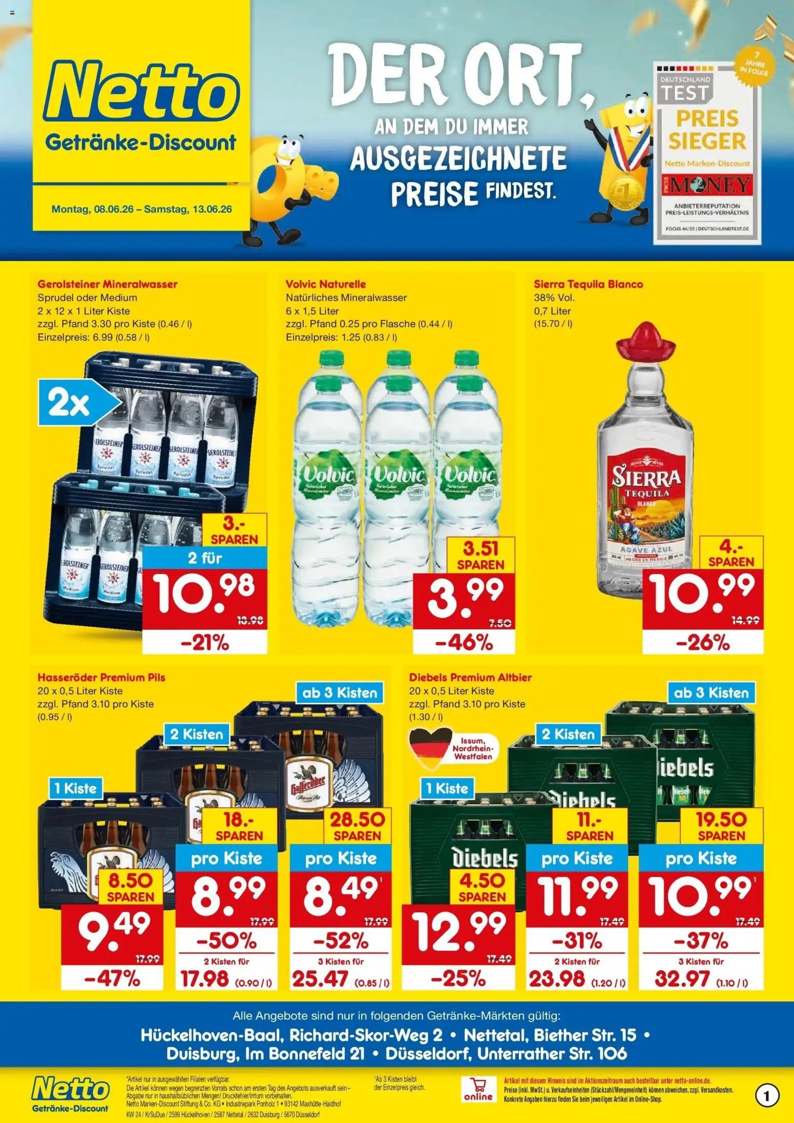 Vorschau von dem Prospekt des Geschäftes Netto Marken-Discount, gültig ab dem 08.06.2026 - Mineralwasser, Gerolsteiner, Tequila, Volvic, Hasseröder, Pils, Diebels