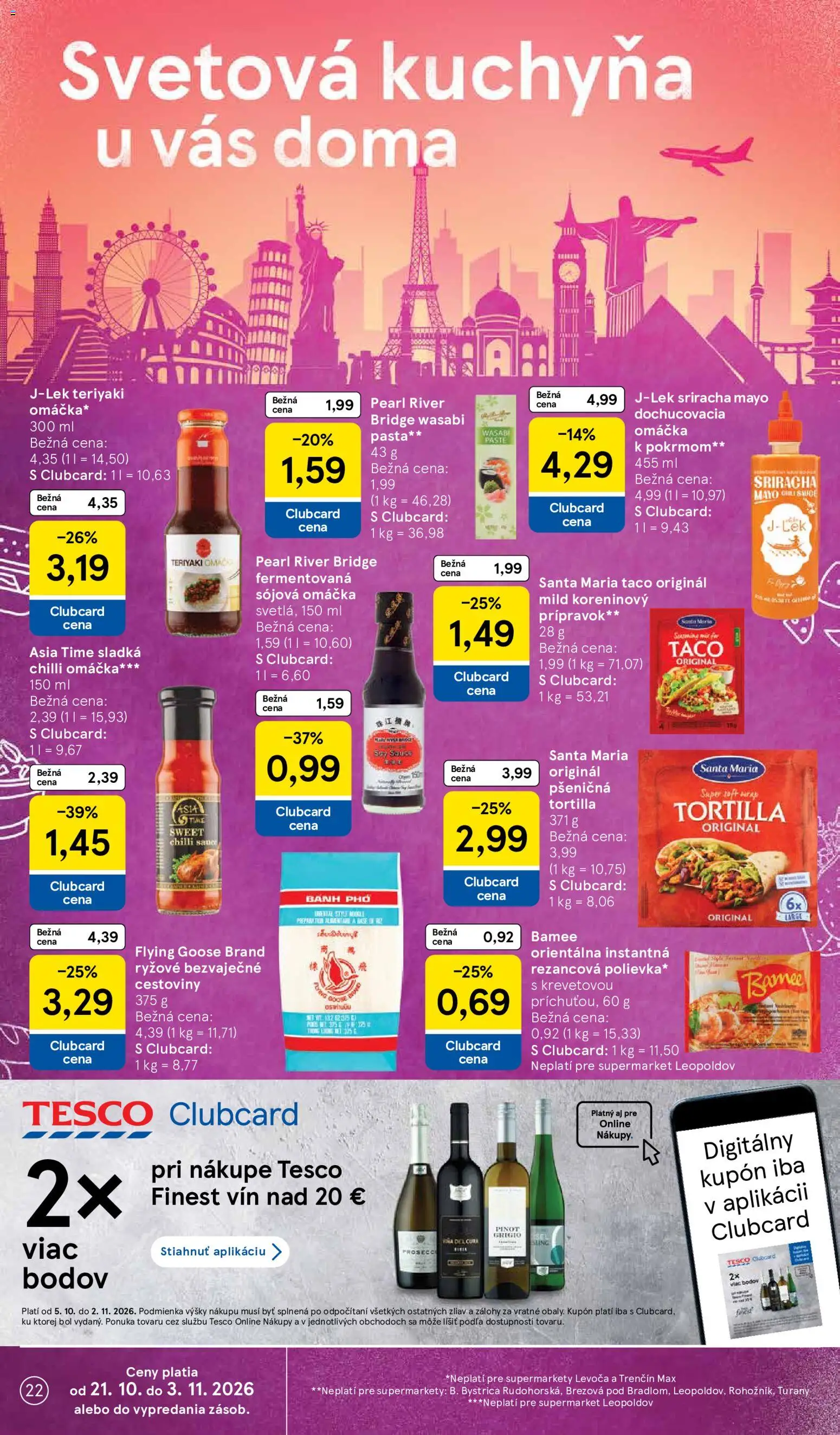 Náhľad Tesco letáku platného od 21.10.2026 - Kuchyňa, Cestoviny, Wasabi, Tortilla, Chilli, Omáčka, Sójová omáčka