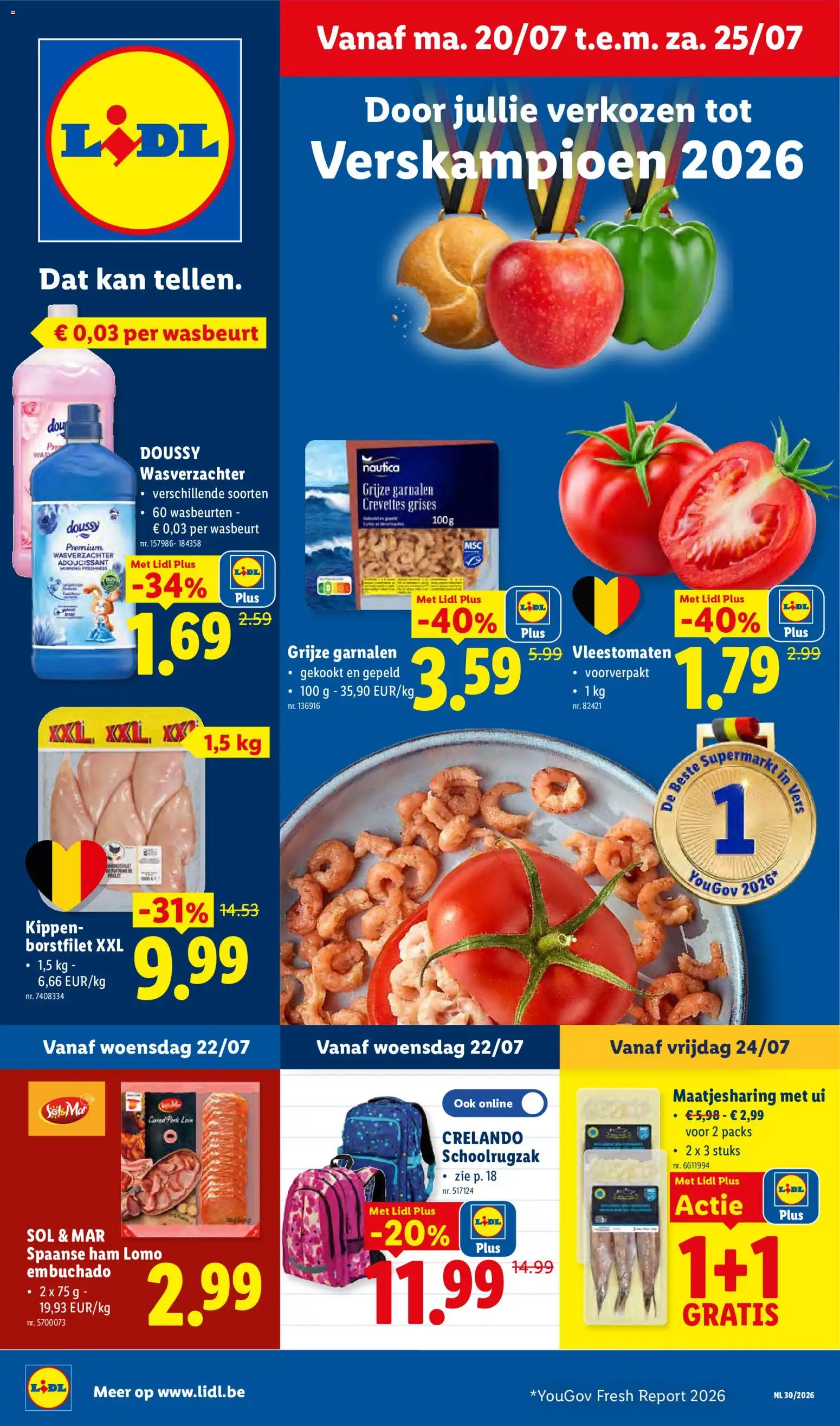 Voorbeeld van Lidl Folder week 30 van winkel Lidl geldig vanaf 20/07/2026 - Ham, Garnalen, Ui, Kan, Kippen, Wasverzachter