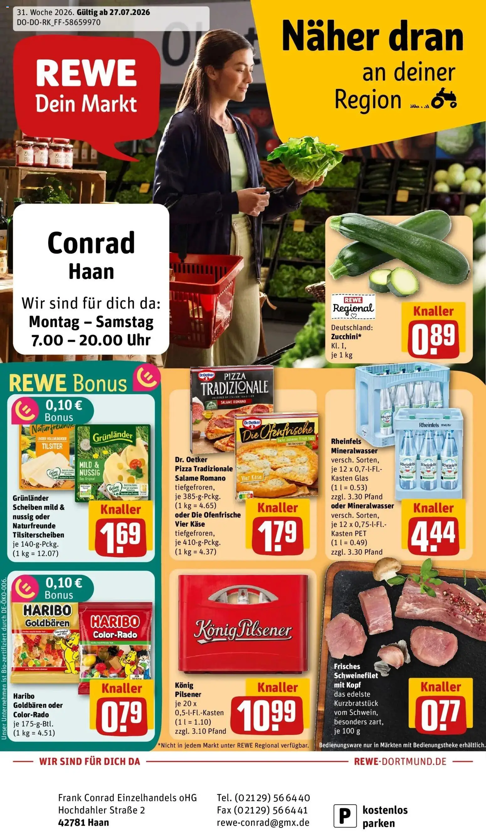 Vorschau von dem Prospekt des Geschäftes Rewe, gültig ab dem 27.07.2026 - Pizza, Uhr, Käse, Haribo, Mineralwasser, Schweinefilet, Ofenfrische, Grunlander