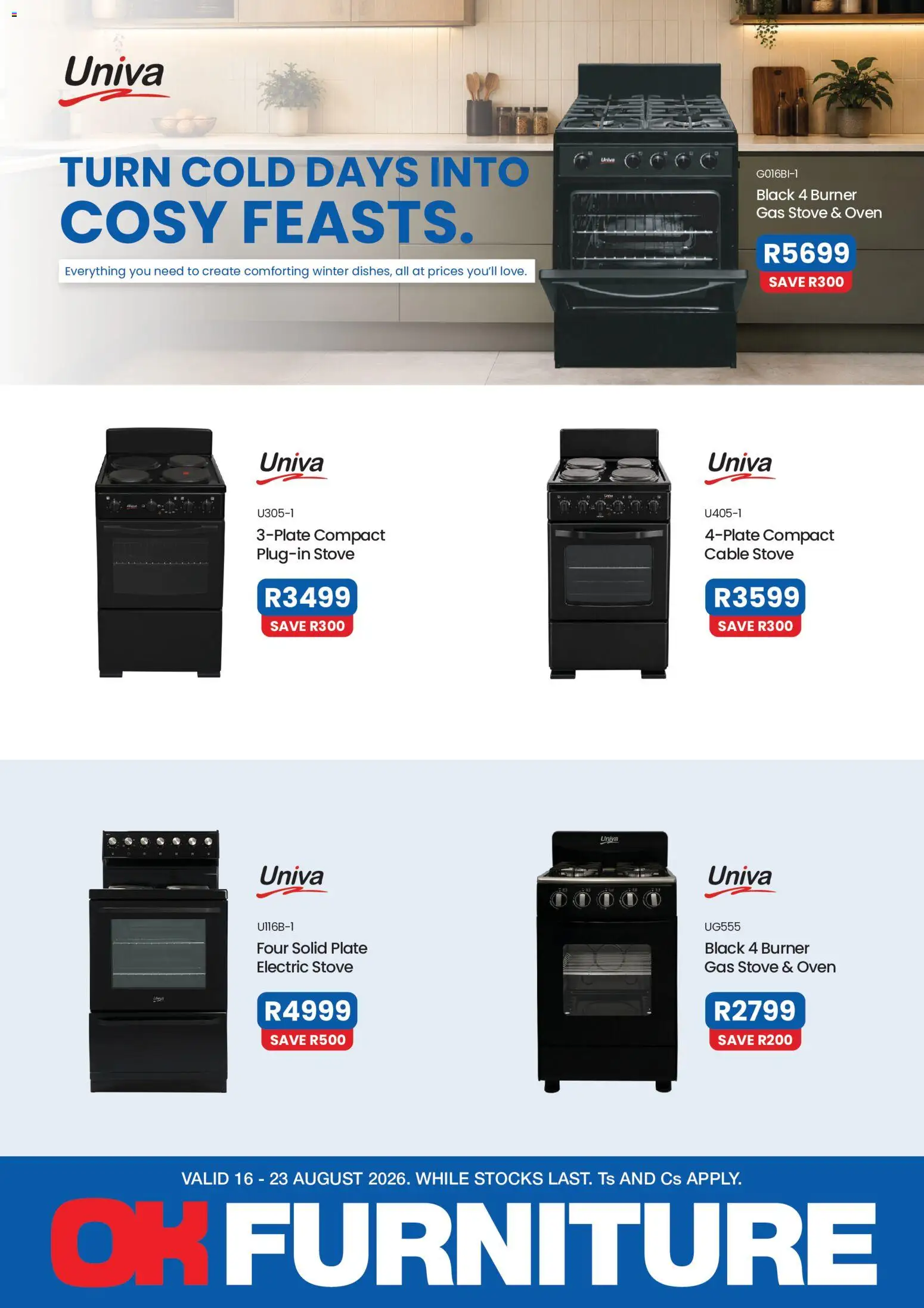 Preview of OK Furniture flyer valid from 16/08/2026 - Gas stove, Stove, Oven, Plate, Cable