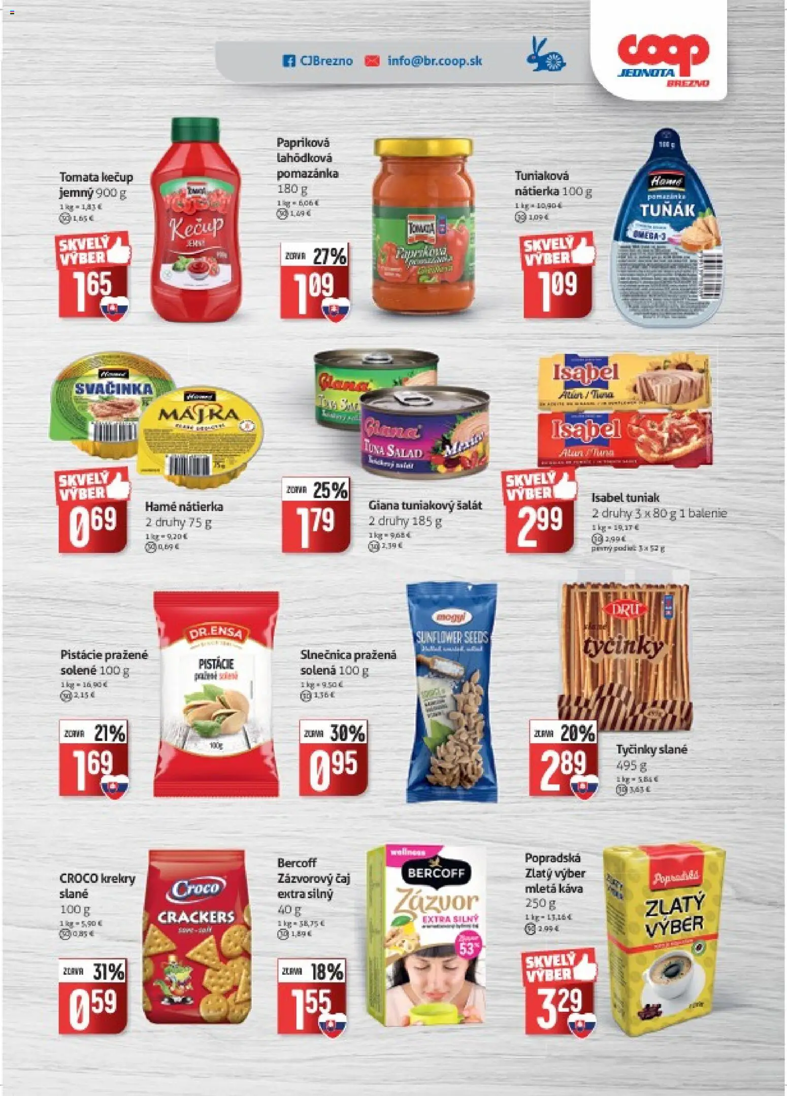 Náhľad COOP Jednota letáku platného od 14.10.2026 - Káva, Šalát, Čaj, Tuniak, Tuniakový šalát, Nátierka, Pistácie, Mletá káva
