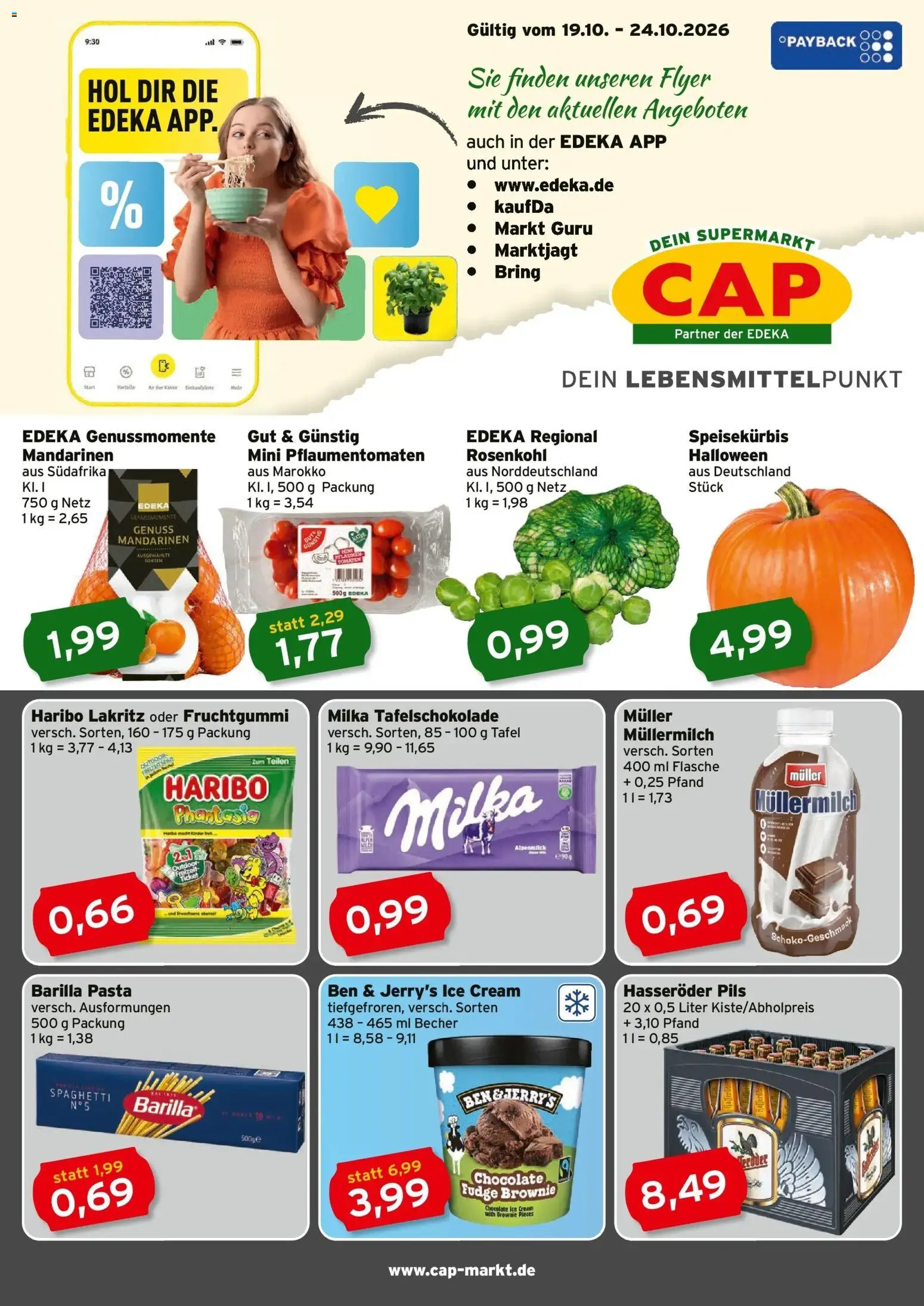 Vorschau von dem Prospekt des Geschäftes CAP Markt, gültig ab dem 19.10.2026 - Pasta, Haribo, Spaghetti, Milka, Barilla, Tomaten, Müllermilch, Mandarinen
