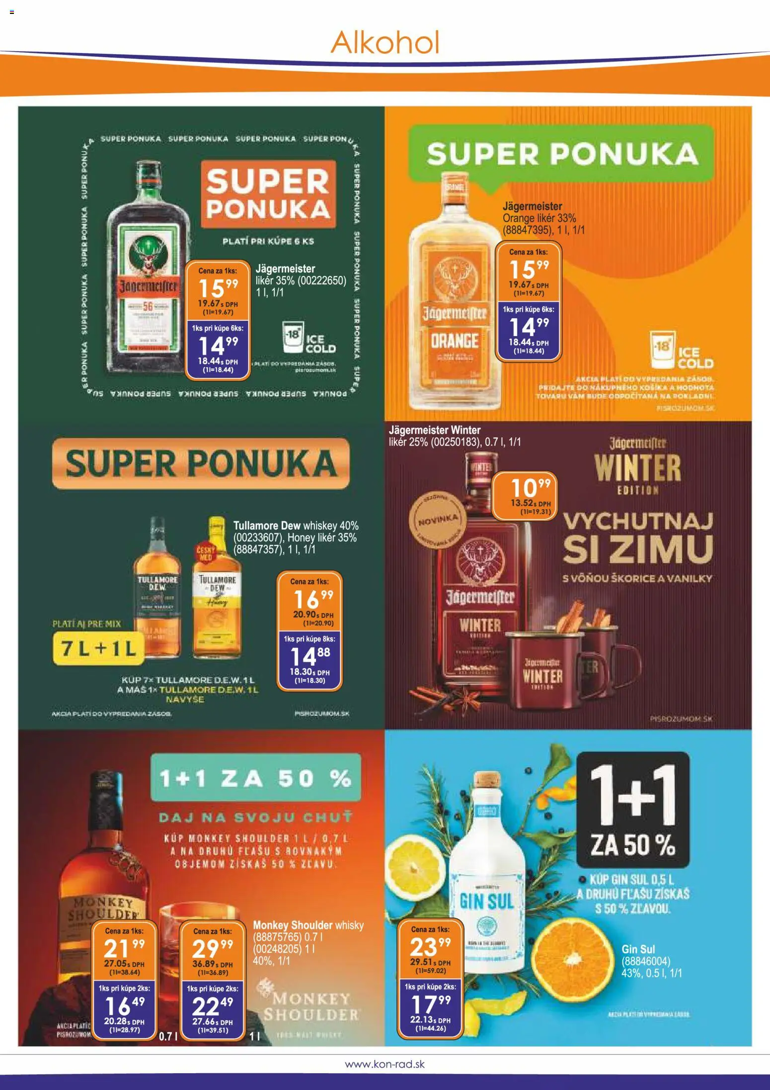 Náhľad KON - RAD letáku platného od 01.11.2026 - Alkohol, Gin, Jägermeister, Whisky, Tullamore Dew, Jägermeister Orange