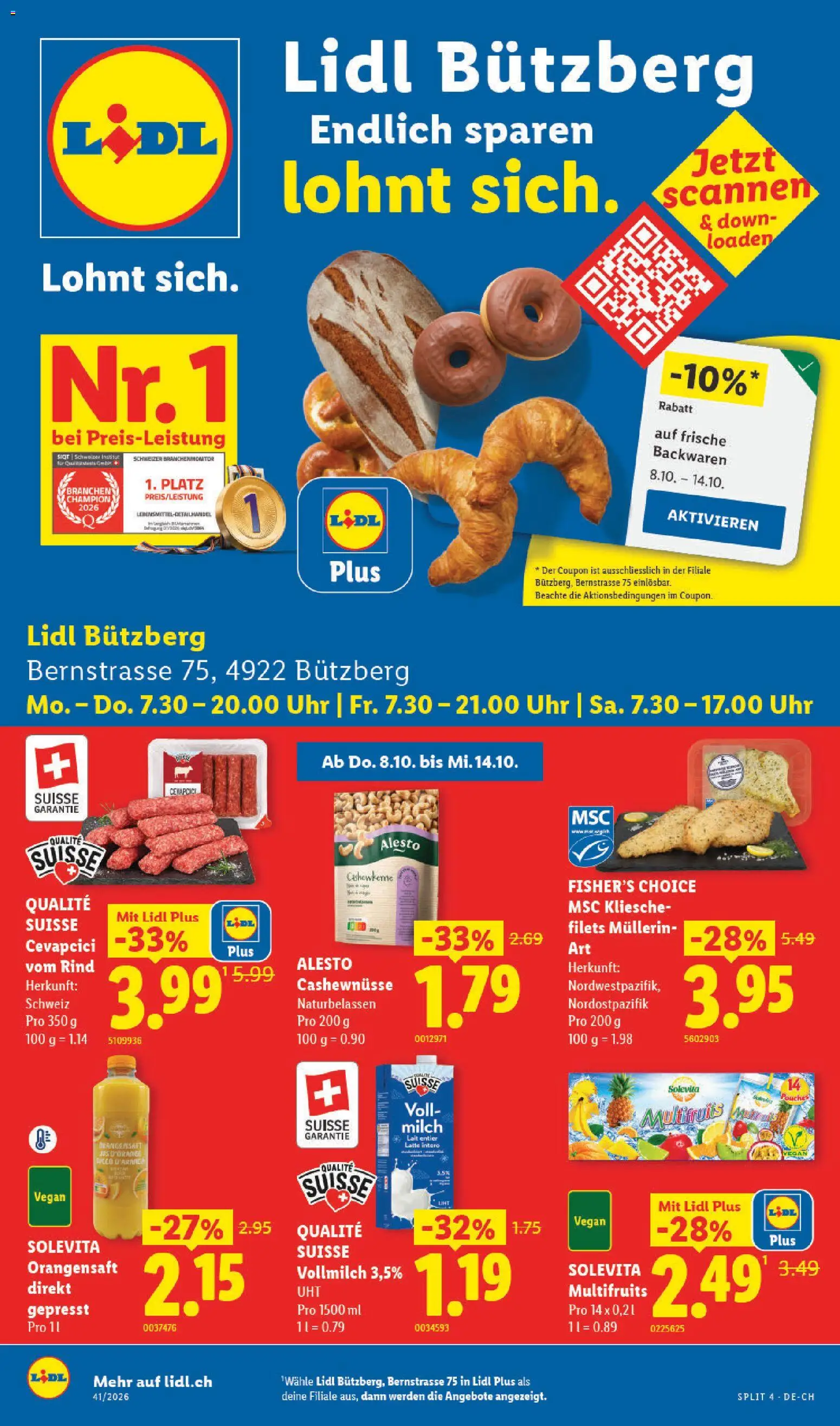 Vorschau des Merkblatts Lidl aktionen Bützberg Neueröffnung vom Shop Lidl gültig von 08.10.2026 bis 14.10.2026 - Uhr, Cevapcici, Milch, Cashewnüsse, Orangensaft