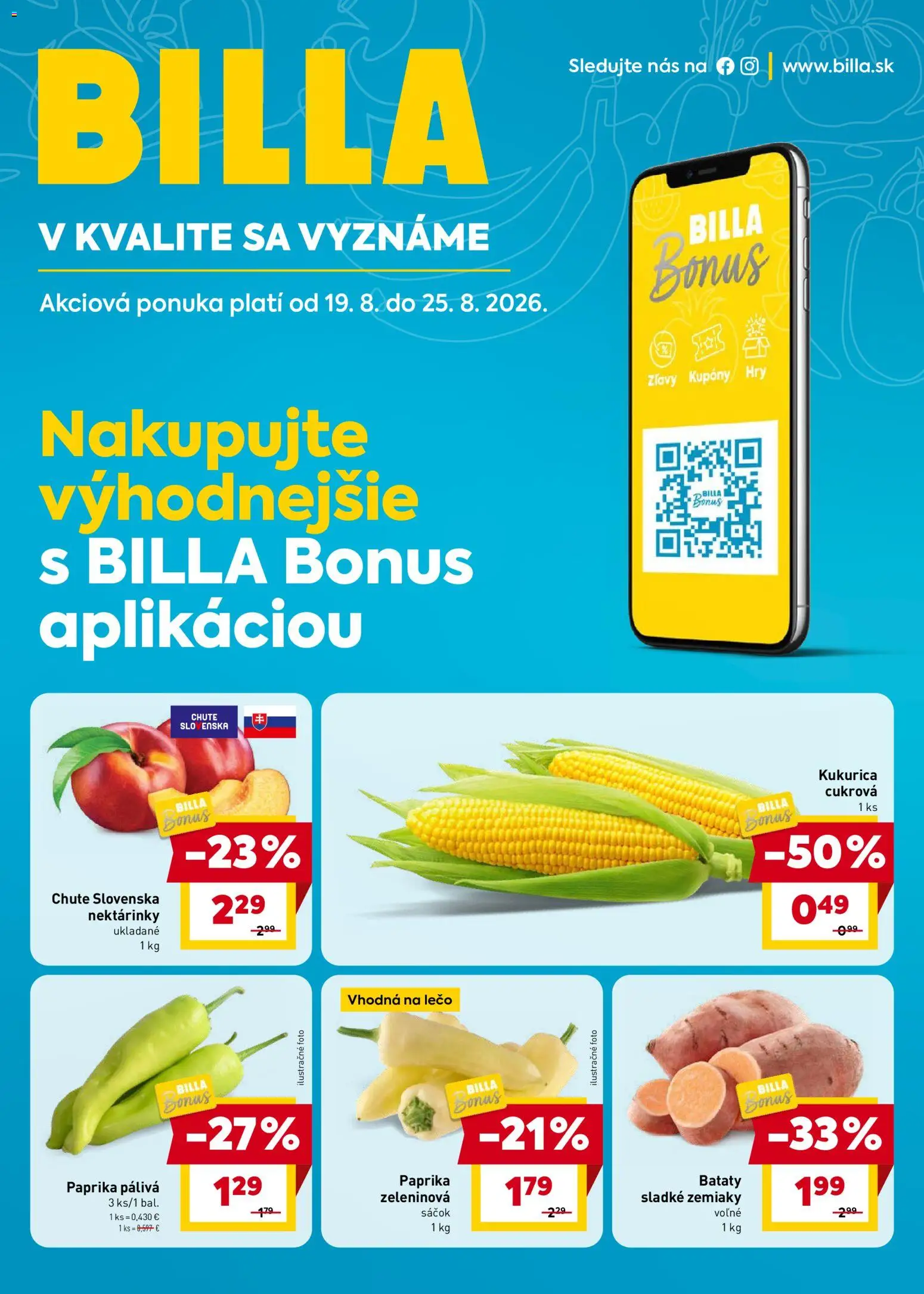 Náhľad Billa letáku platného od 19.08.2026 - Paprika, Kukurica, Zemiaky, Batáty, Nektárinky