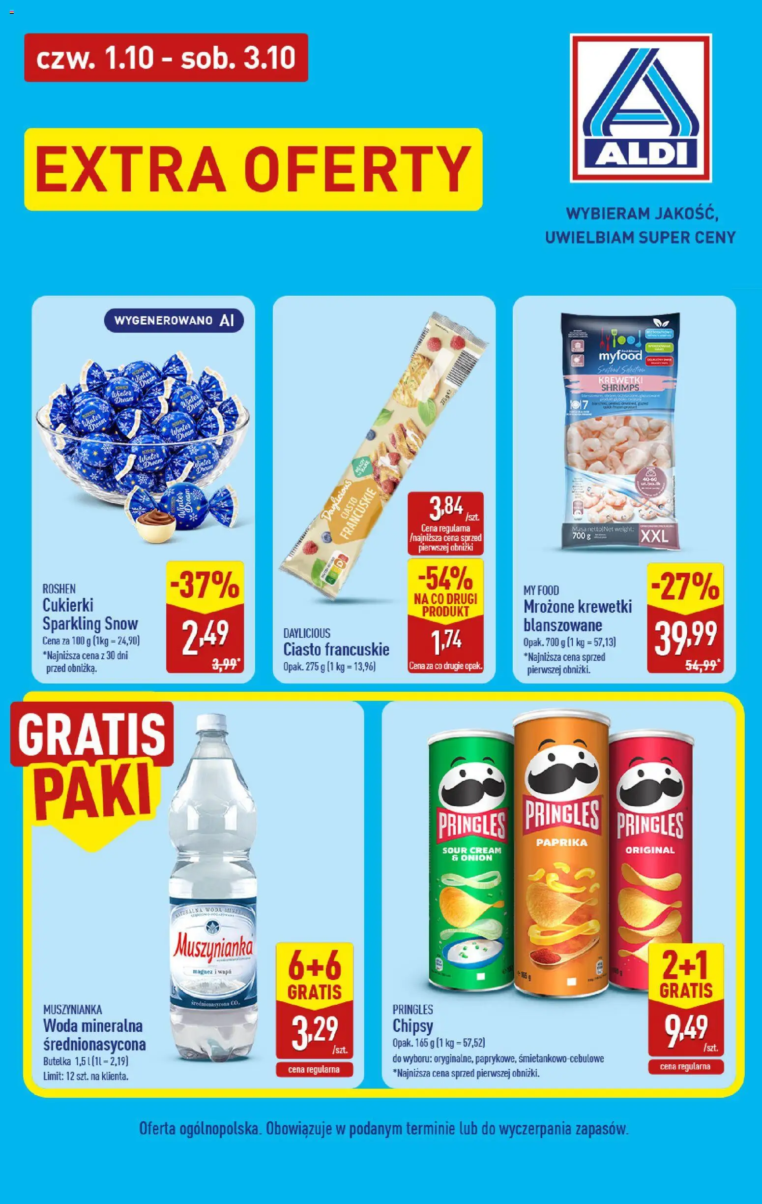 Pogląd gazetki "Aldi gazetka - Extra oferty" ze sklepu Aldi ważnej od 01.10.2026 - Ciasto, Ciasto francuskie, Krewetki, Chipsy, Pringles, Cukierki, Woda mineralna, Mrozone krewetki
