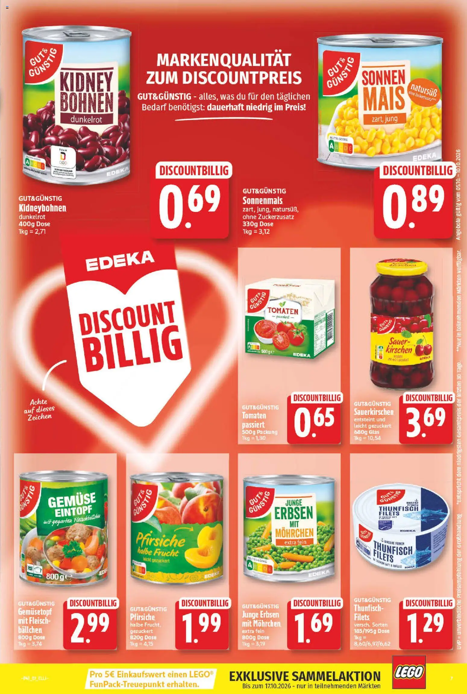 Vorschau von dem Prospekt des Geschäftes Elli Markt, gültig ab dem 05.10.2026 - Gemüse, Thunfisch, Fleisch, Kirschen, Mais, Erbsen, Tomaten, Saft