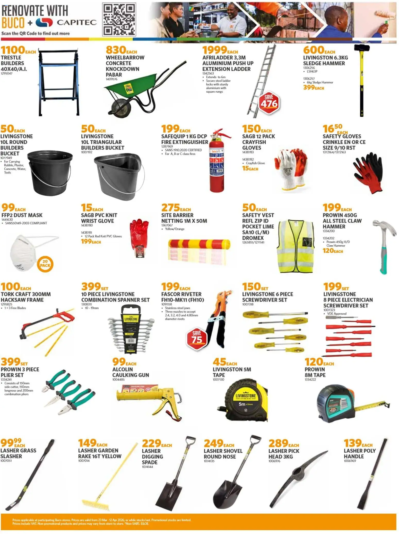 Preview of BUCO flyer valid from 23/03/2026 - Tape, Glove, Lime, Frame, Mask, Hammer, Spade, Vest