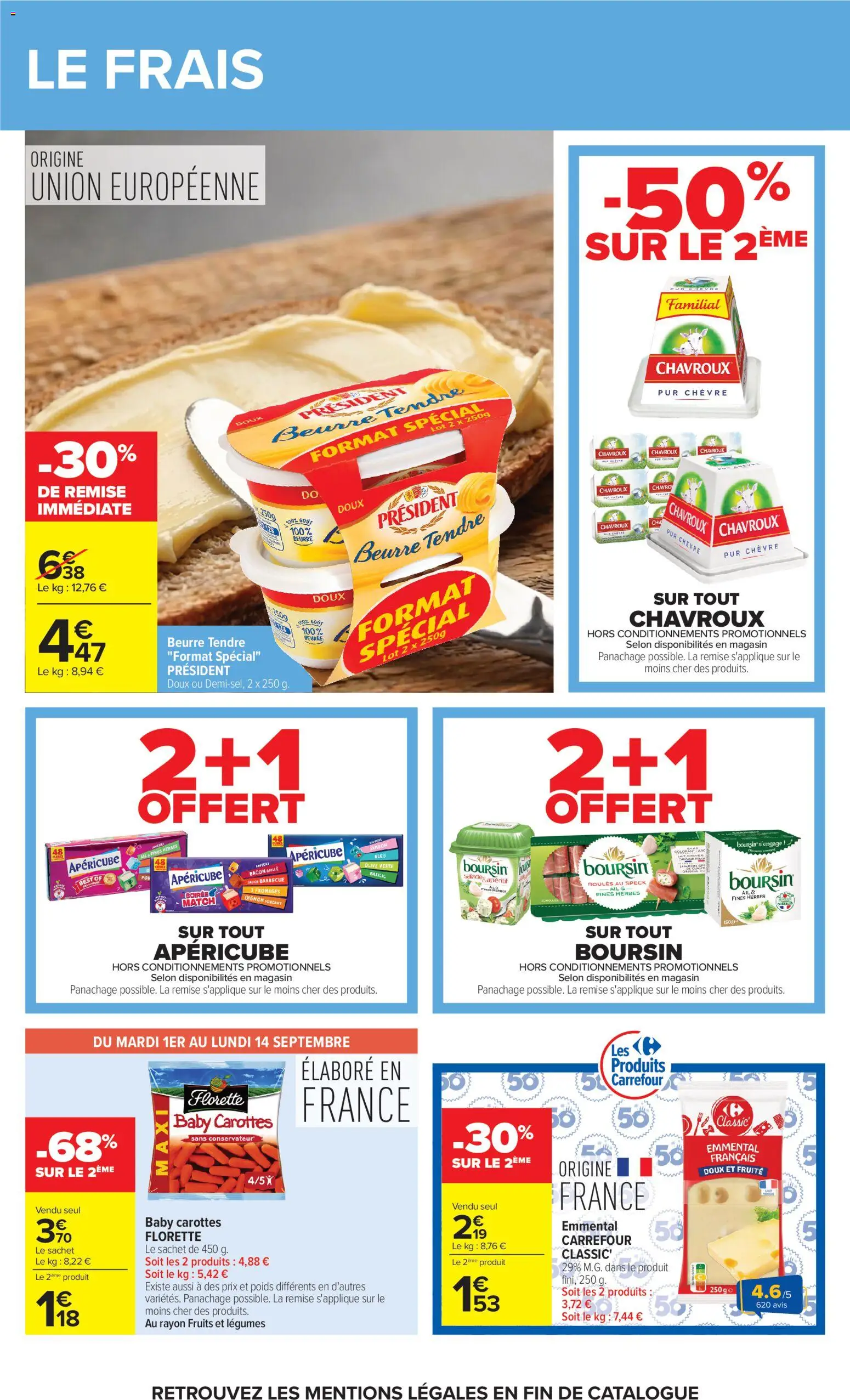 Prévisualisation de Carrefour Market Petit dejeuner du magasin Carrefour Market formulaire valide 01/09/2026 - Carottes, Oignon, Beurre, Jambon, Olive, Poids, Emmental, Boursin