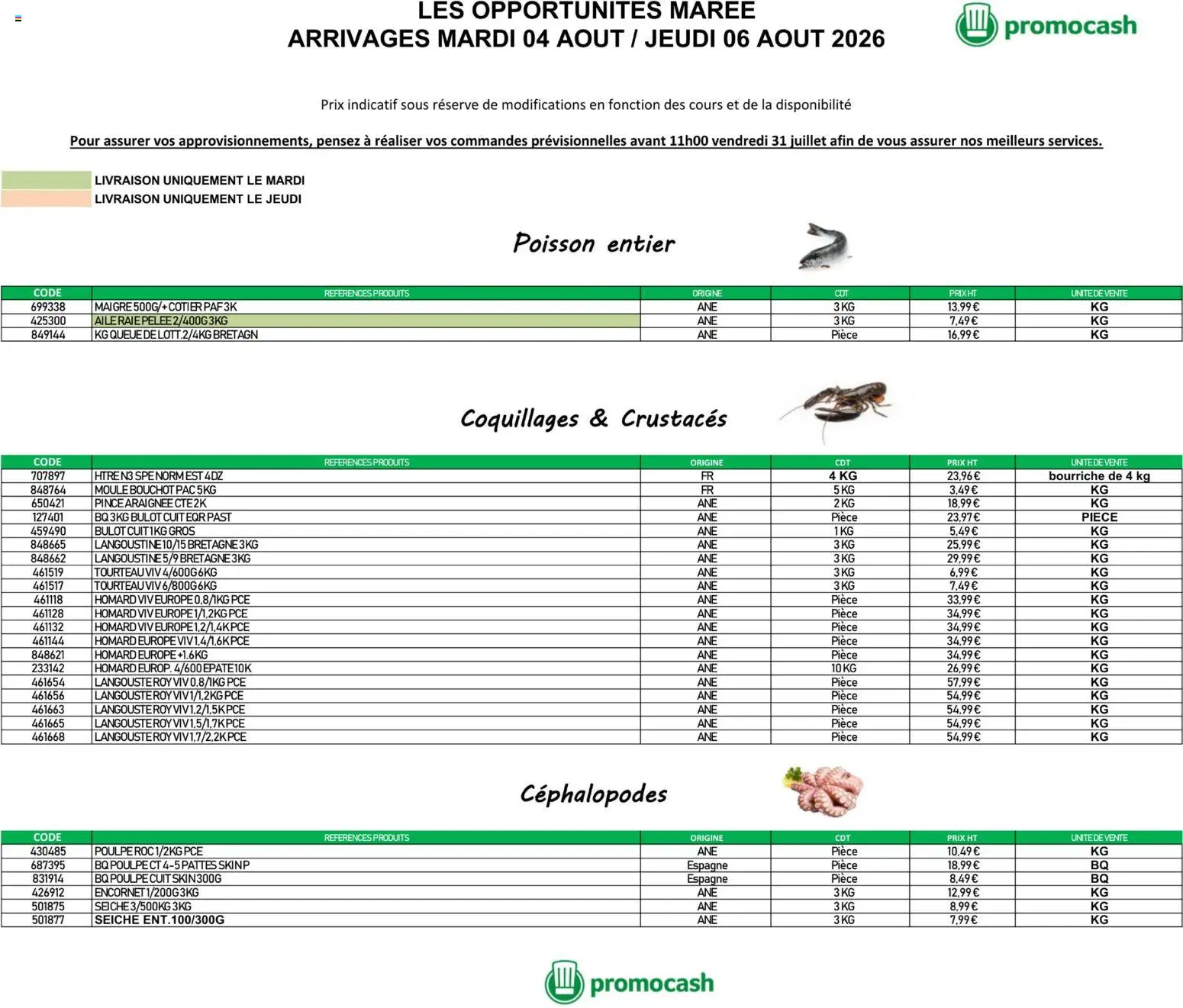 Prévisualisation de Promocash Opportunités Marée du magasin Promocash formulaire valide 04/08/2026 - Poisson, Homard, Coquillages, Langouste, Pince