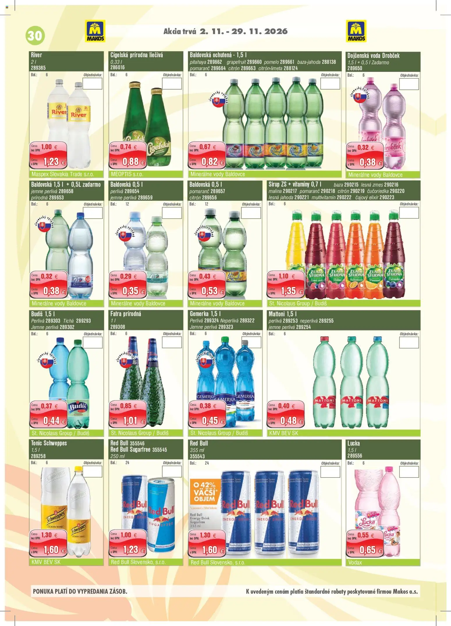 Náhľad Makos letáku platného od 02.11.2026 - Red Bull, Sirup, Tonic, Multivitamín, Mattoni, Grapefruit, Lucka, Gemerka