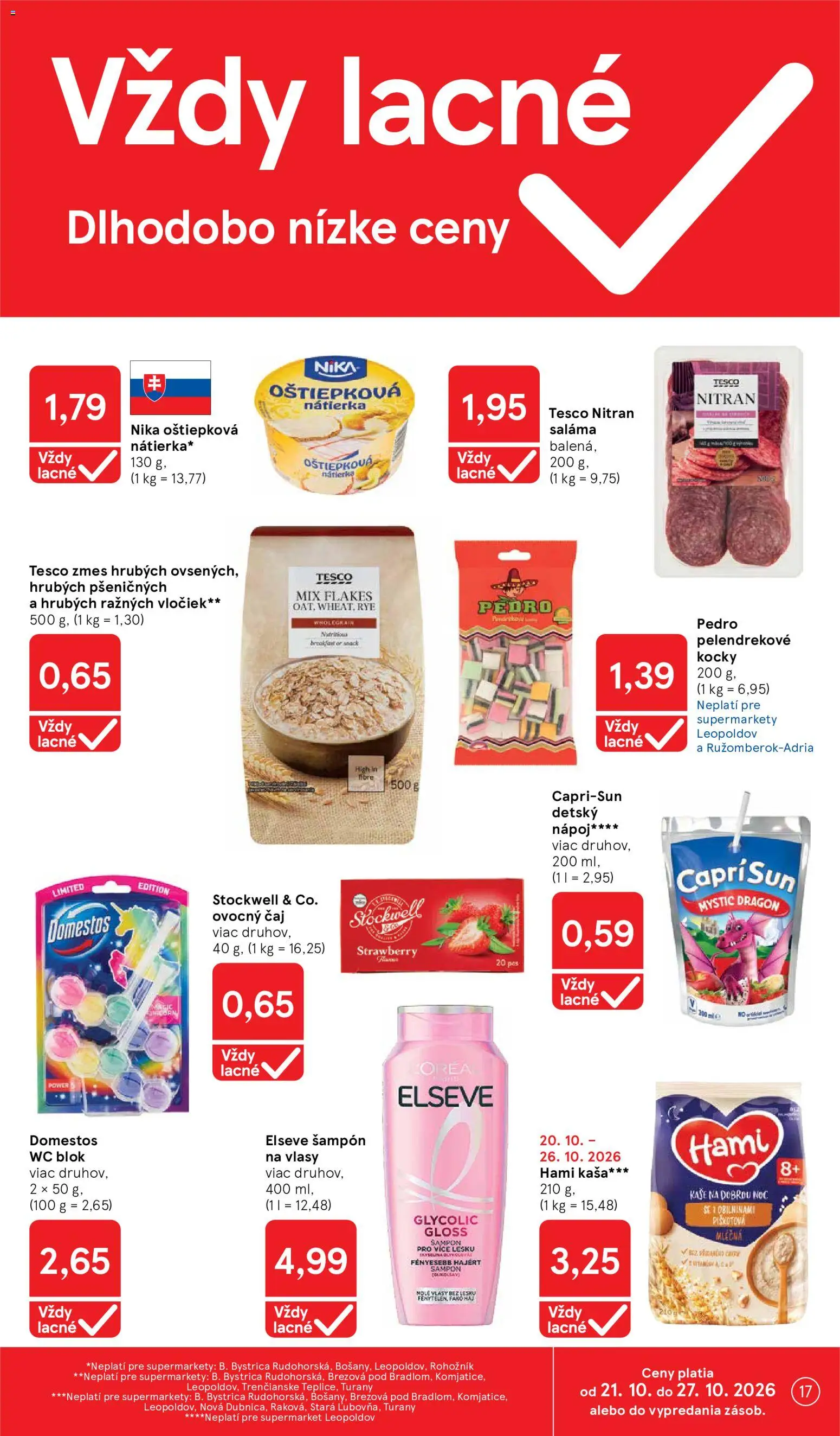 Náhľad Tesco letáku platného od 21.10.2026 - Wc, Šampón, Domestos, Nátierka, Kaša, Saláma, Detský nápoj, Capri-Sun