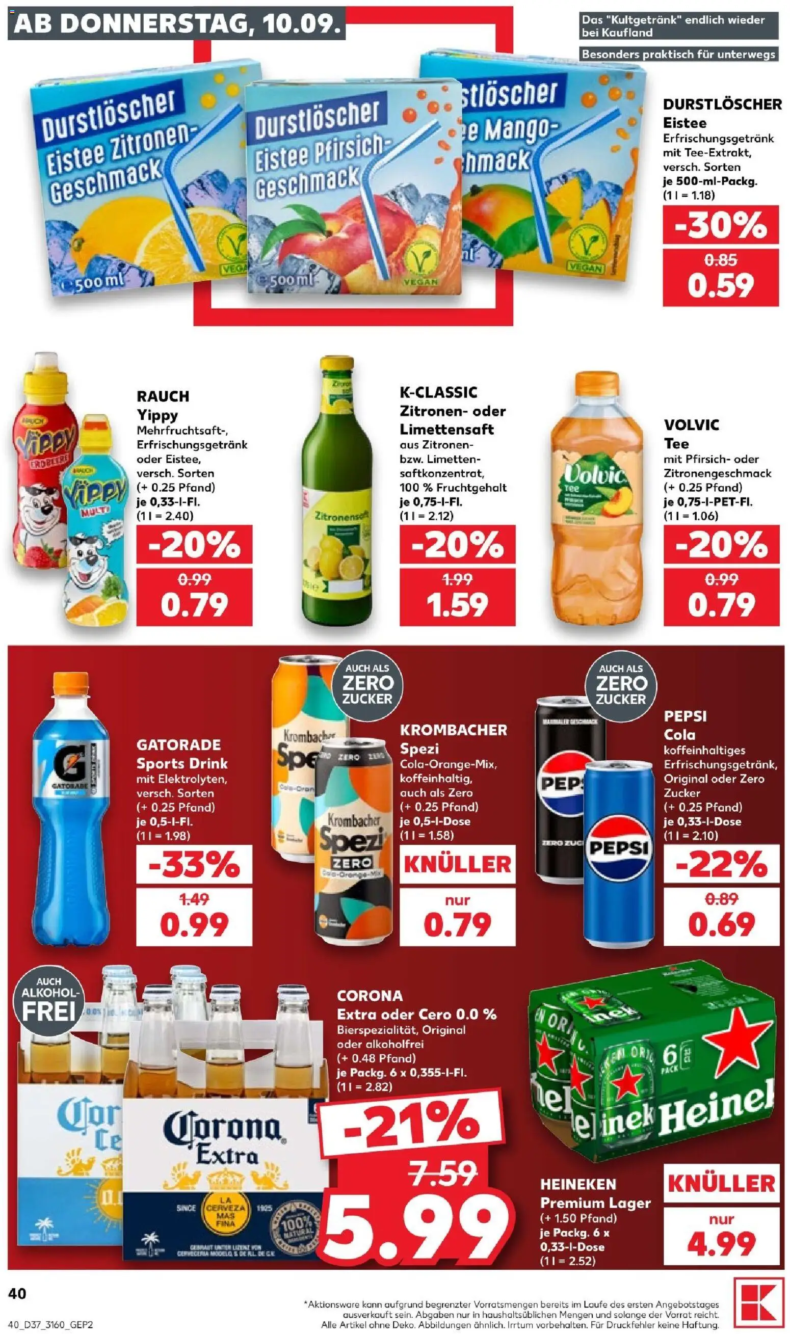 Vorschau von dem Prospekt des Geschäftes Kaufland, gültig ab dem 10.09.2026 - Mango, Alkohol, Pfirsich, Zucker, Zitronen, Pepsi, Volvic, Limetten