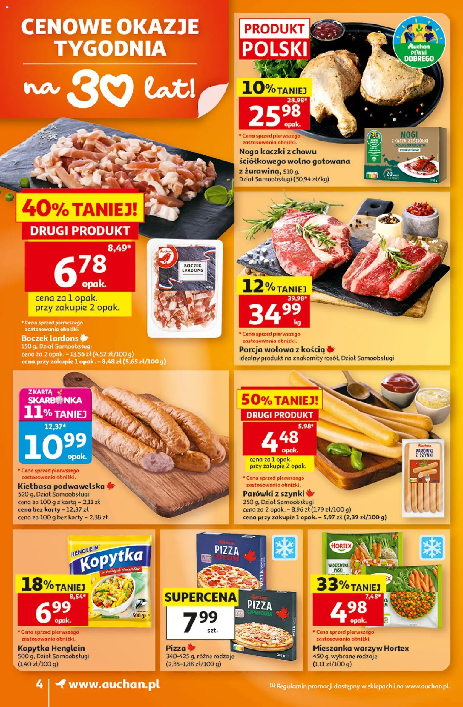 Pogląd gazetki "Auchan gazetka" ze sklepu Auchan ważnej od 29.10.2026 - Pizza, Kopytka, Karta, Boczek, Parówki, Kiełbasa podwawelska, Parówki z szynki, Mieszanka warzyw