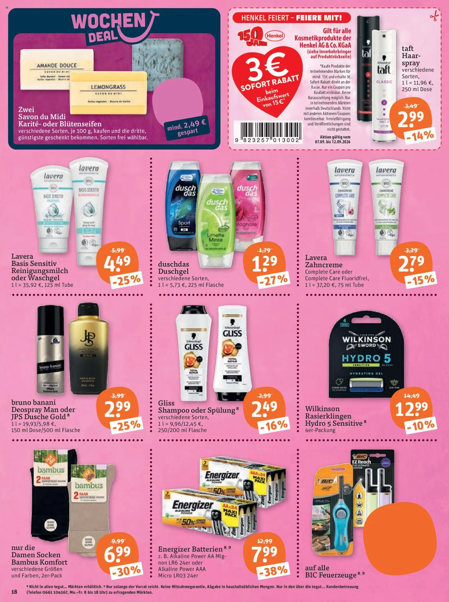 Vorschau von dem Prospekt des Geschäftes Tegut, gültig ab dem 07.09.2026 - Batterien, Dusche, Socken, Limette, Duschgel, Spülung, Duschdas, Deospray