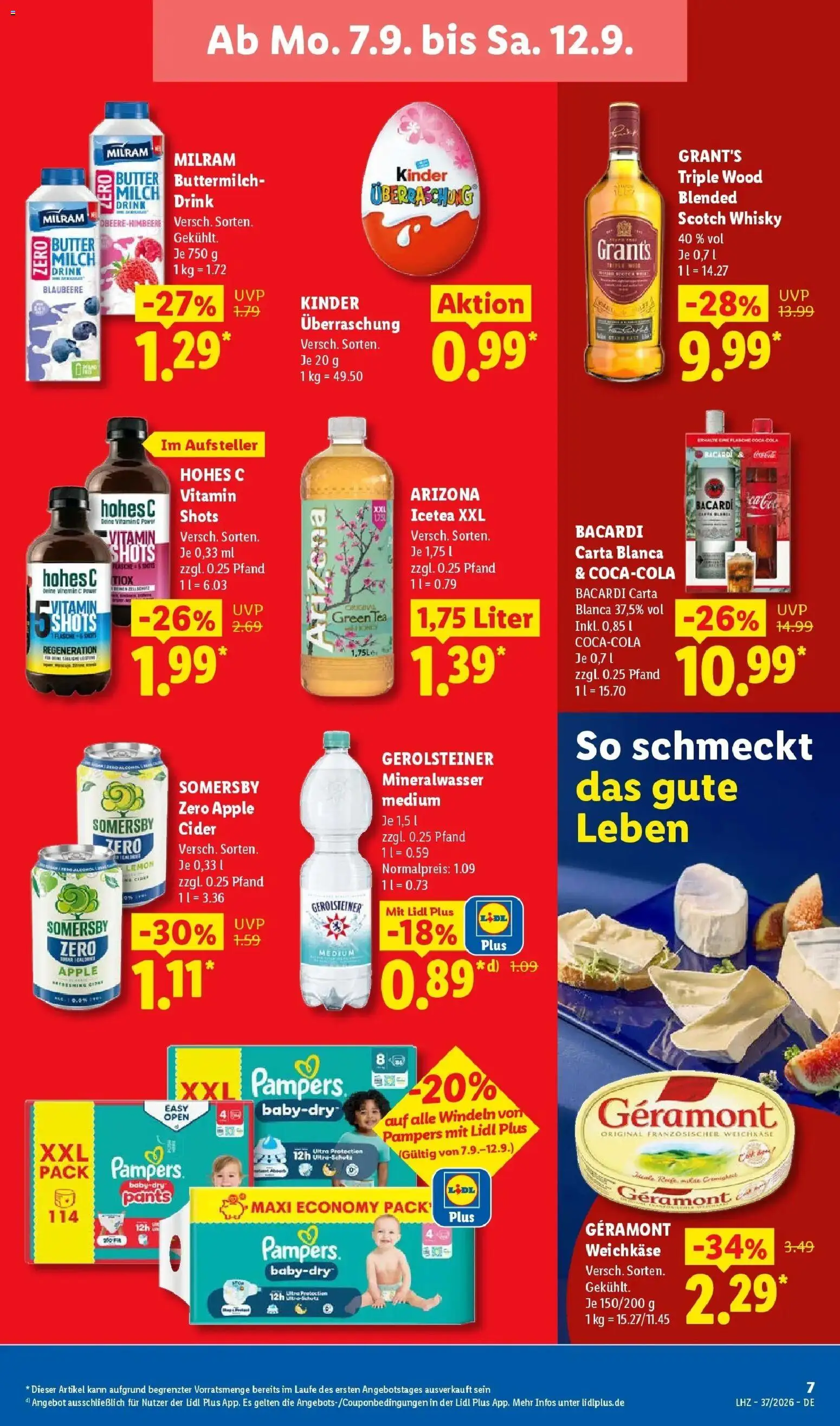 Vorschau von dem Prospekt des Geschäftes Lidl, gültig ab dem 07.09.2026 - Apple, Butter, Whisky, Gerolsteiner, Milch, Pampers, Rum, Hohes c