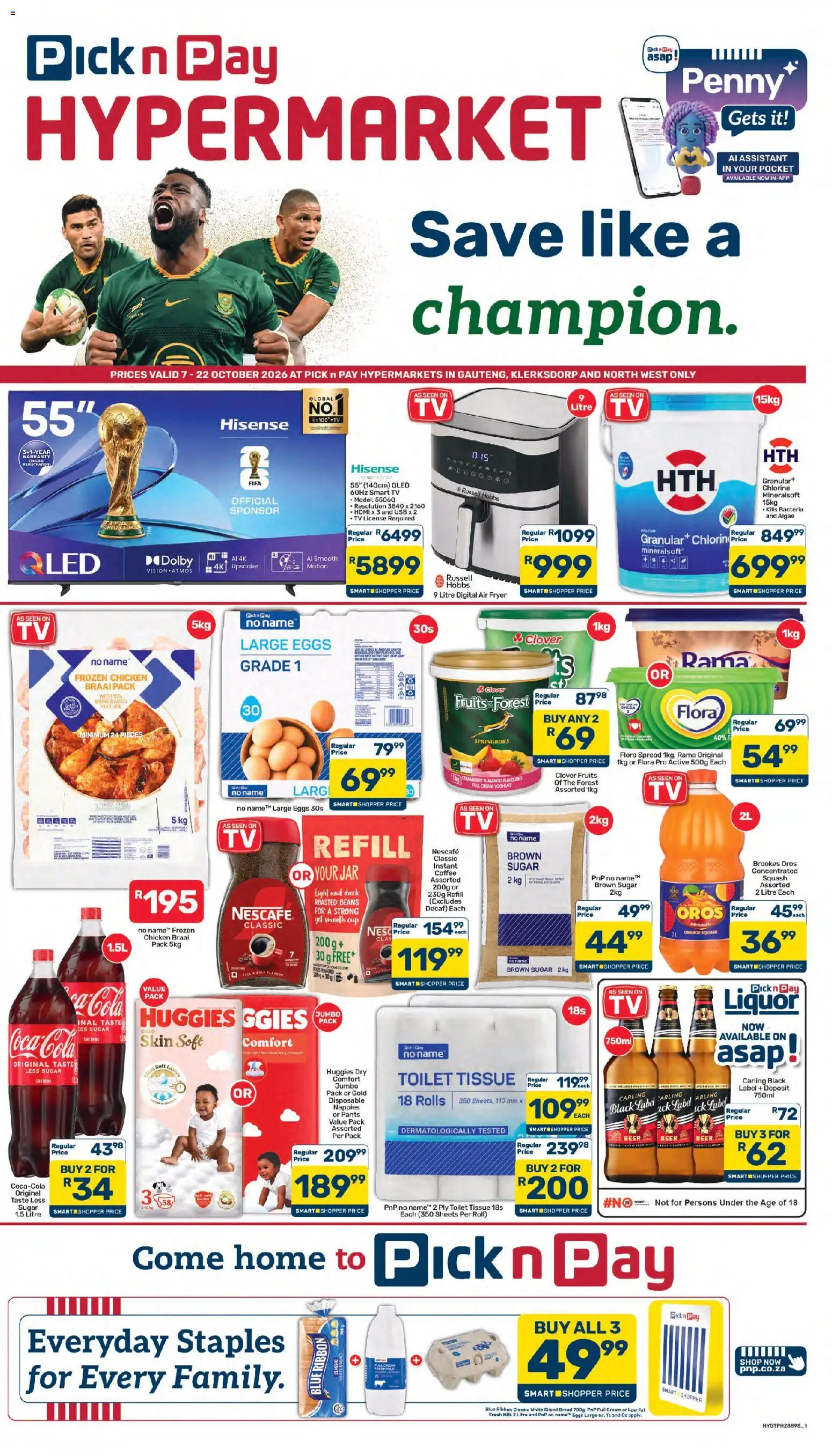 Preview of Pick n Pay flyer valid from 07/10/2026 - Coffee, Chicken, Toilet, Milk, Light, Bread, Sugar, Frozen chicken