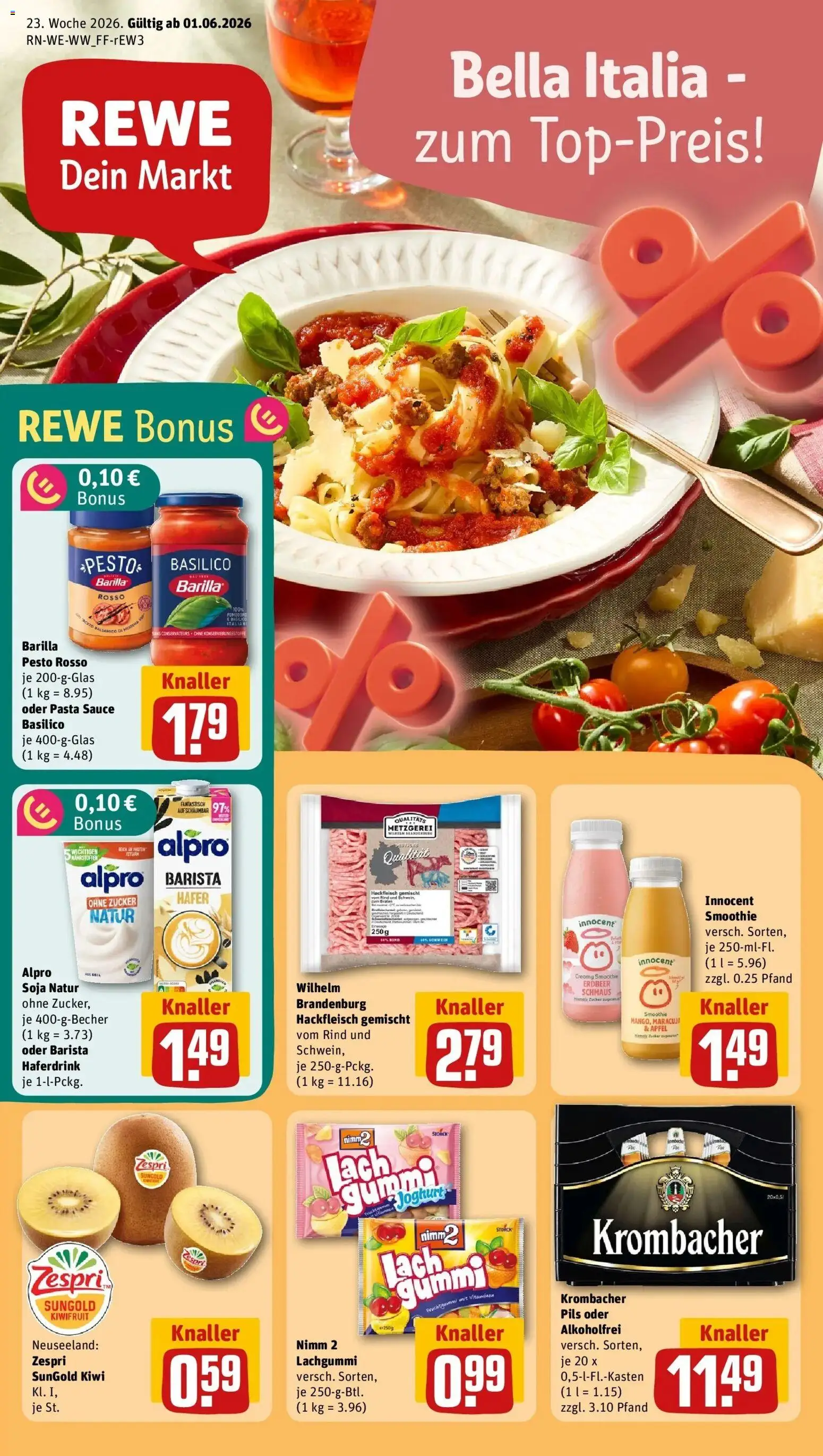Vorschau von dem Prospekt des Geschäftes Rewe, gültig ab dem 01.06.2026 - Pasta, Äpfel, Kiwi, Zucker, Barilla, Barilla pesto, Alpro, Haferdrink