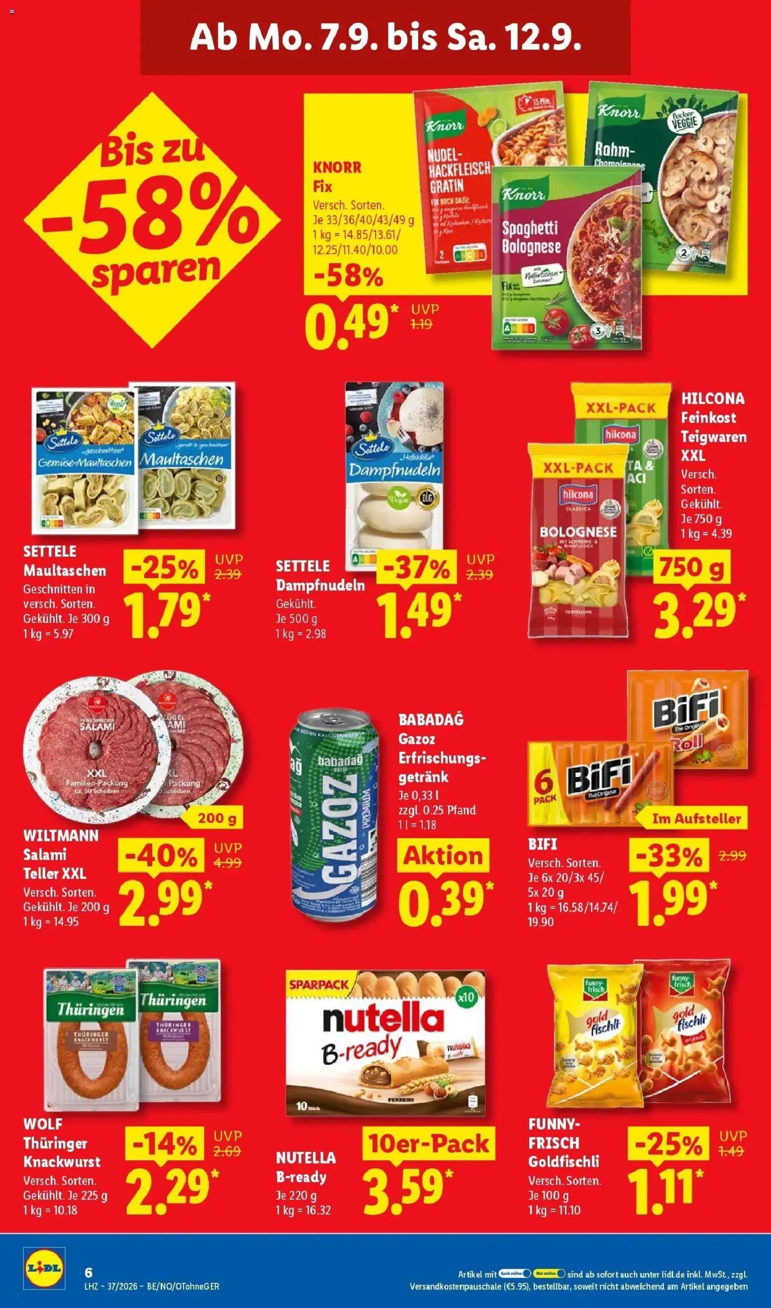 Vorschau von dem Prospekt des Geschäftes Lidl, gültig ab dem 07.09.2026 - Nutella, Spaghetti, Maultaschen, Salami, Funny frisch, Knorr, Bifi, Knorr fix