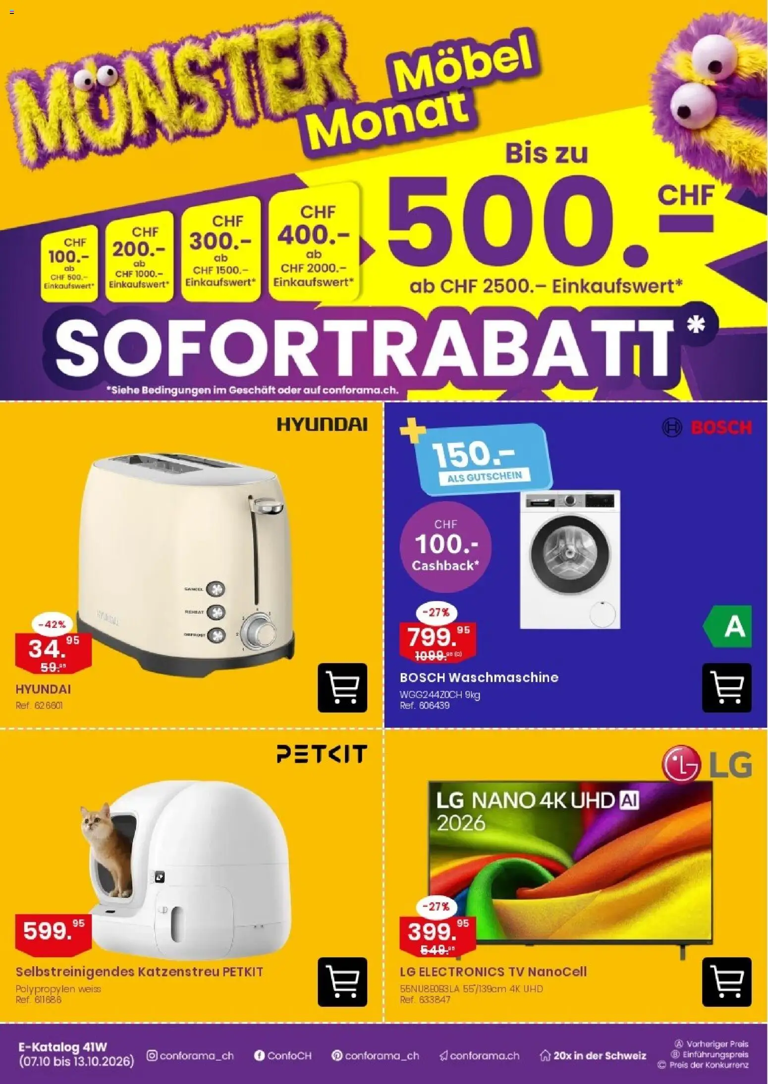 Vorschau des Merkblatts Conforama aktionen E-catalog vom Shop Conforama gültig von 07.10.2026 bis 13.10.2026 - TV, Waschmaschine, Bosch, LG, Katzenstreu