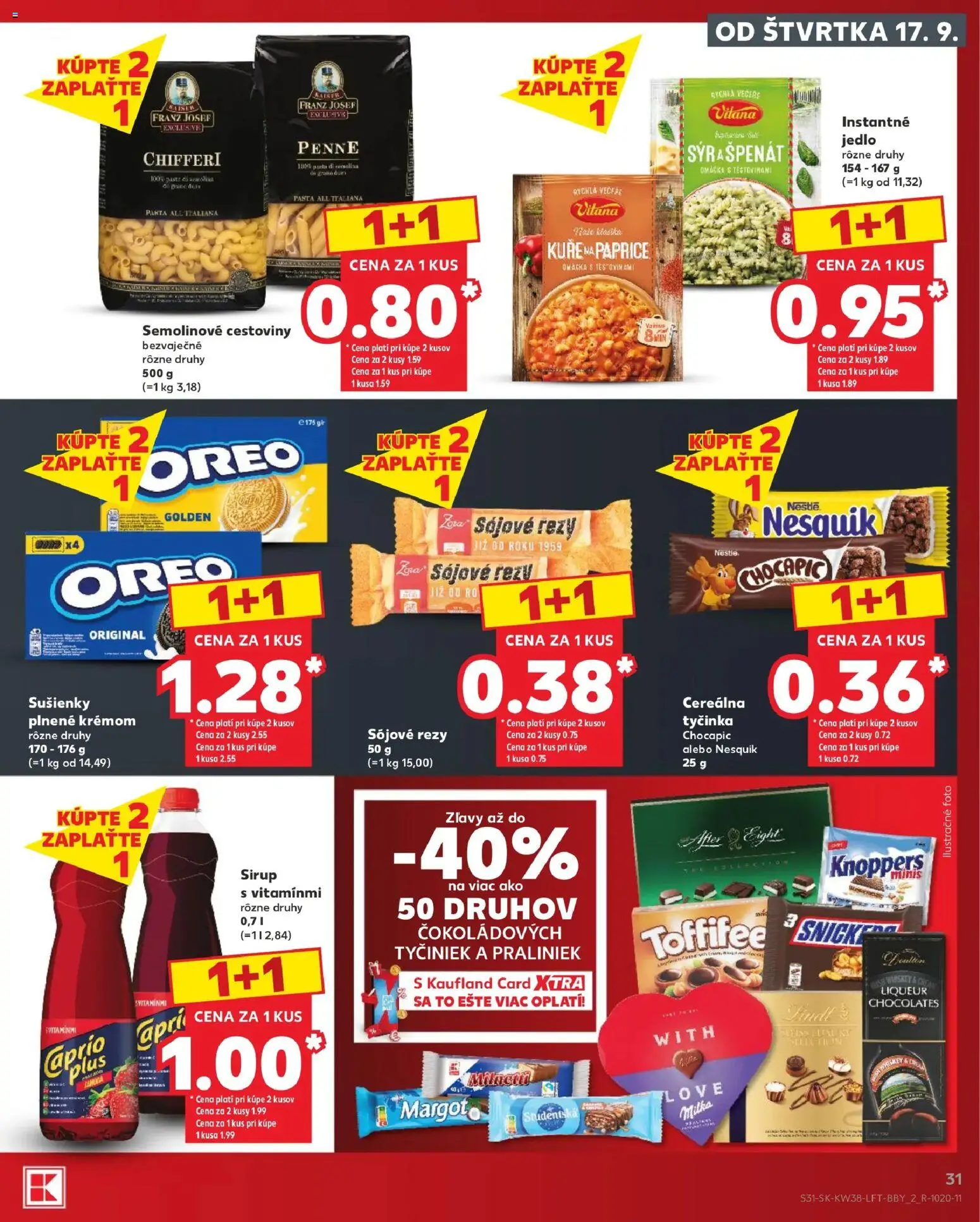 Náhľad Kaufland letáku platného od 17.09.2026 - Cestoviny, Špenát, Penne, Sirup, Omáčka, Nesquik, Chocapic, Sušienky