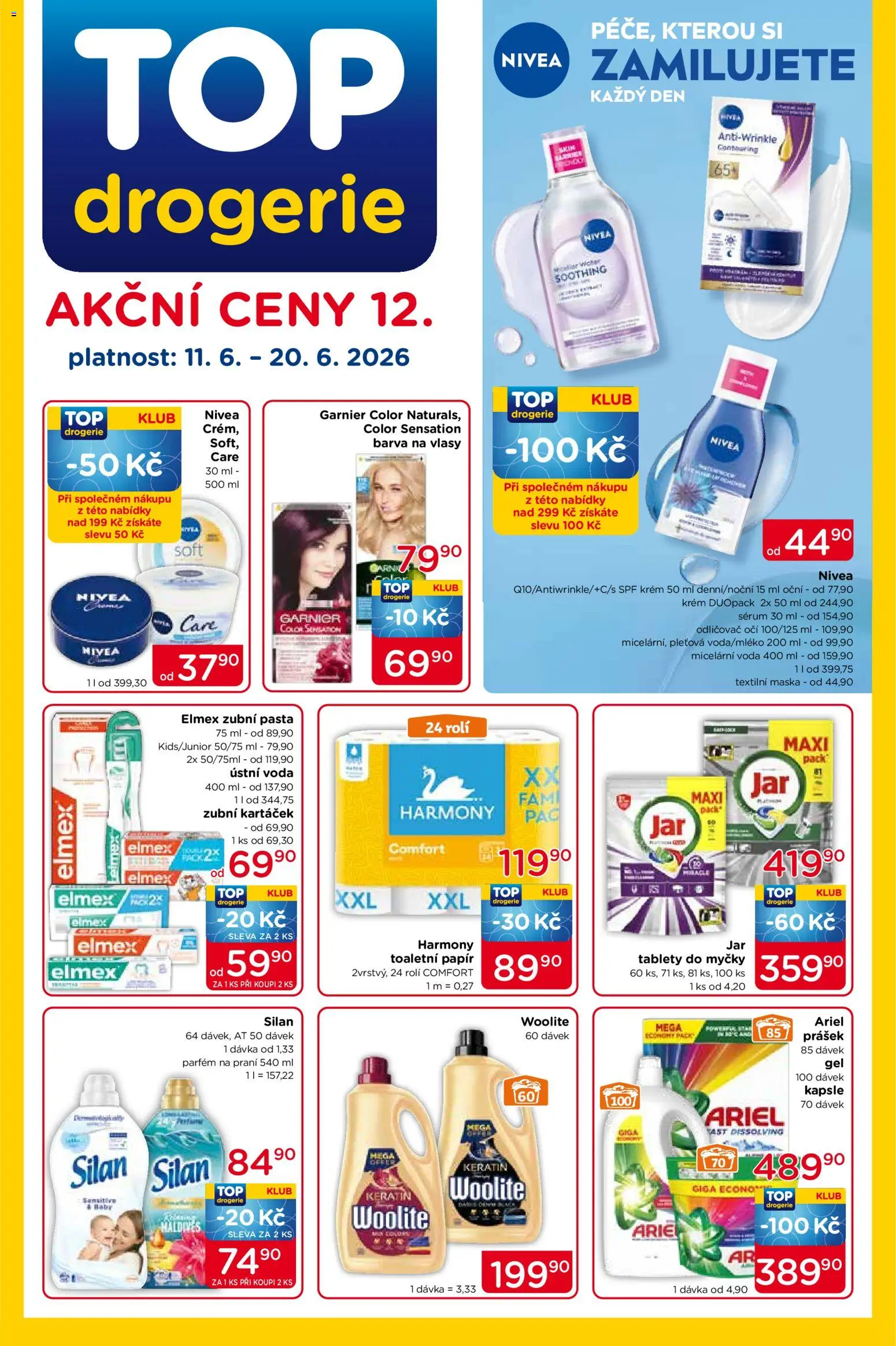 Náhled nabídky: Top drogerie Top drogerie leták platný od 11.06.2026 - Drogerie, Barva na vlasy, Parfém, Maska, Krém, Silan, Elmex zubní pasta, Odličovač očí
