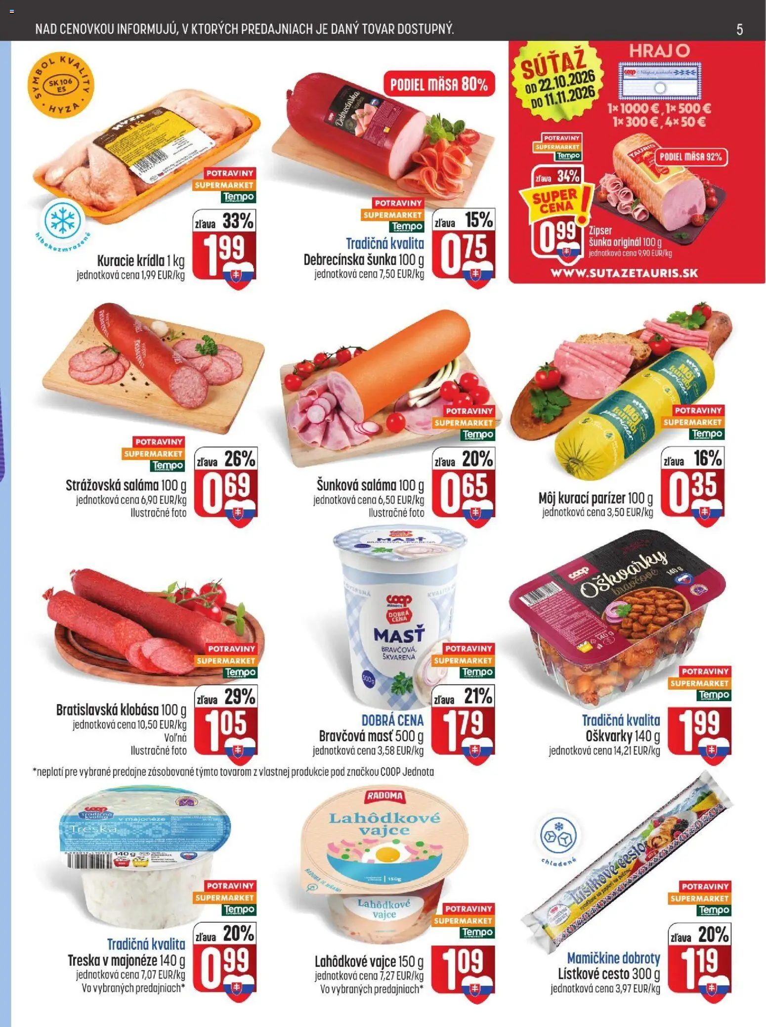 Náhľad COOP Jednota letáku platného od 29.10.2026 - Treska, Klobása, Šunka, Cesto, Lístkové cesto, Kuracie krídla, Bravčová masť, Saláma