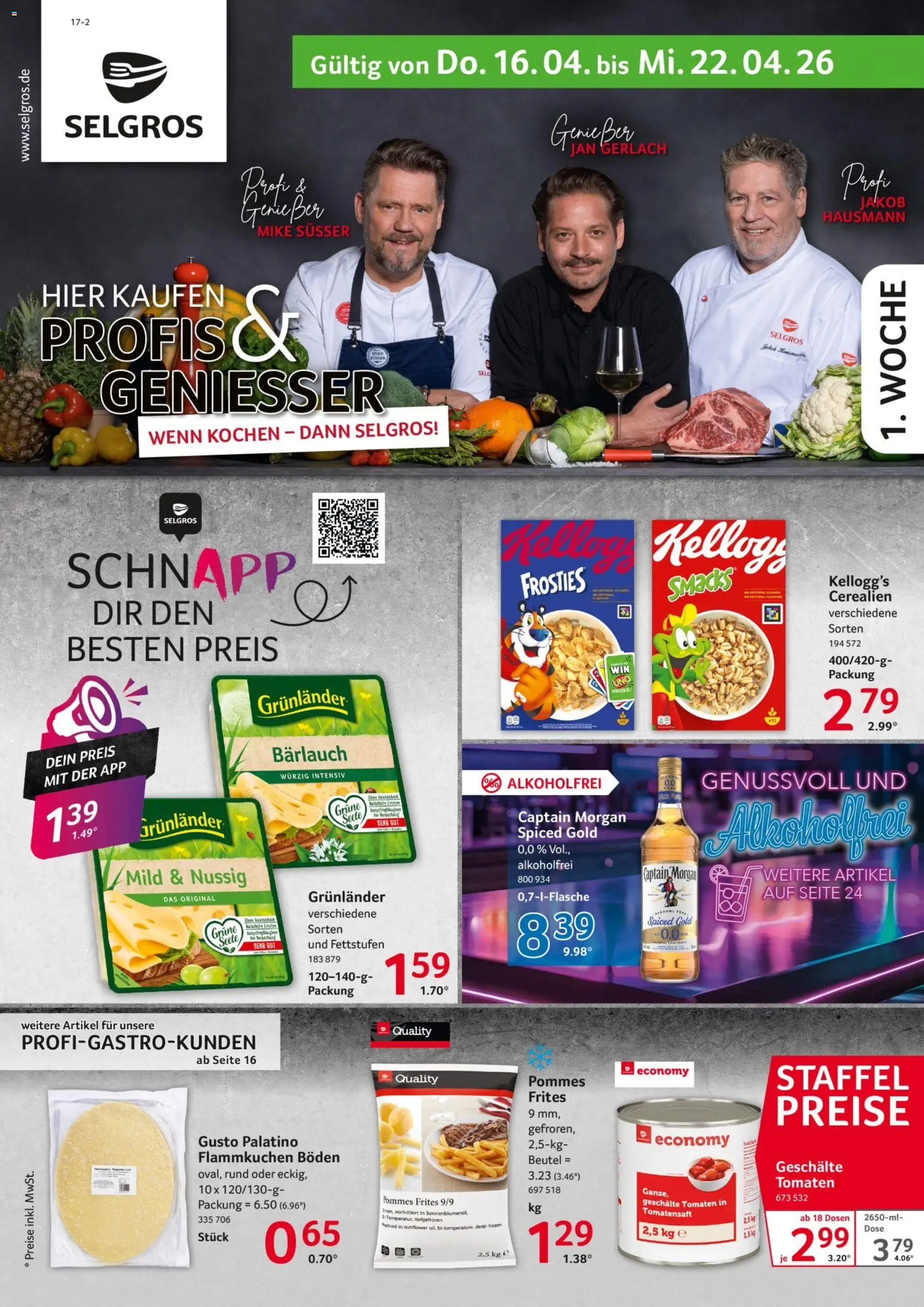 Vorschau von dem Prospekt des Geschäftes Selgros, gültig ab dem 16.04.2026 - Pommes, Pommes frites, Kellogg's, Captain morgan, Tomaten, Grunlander