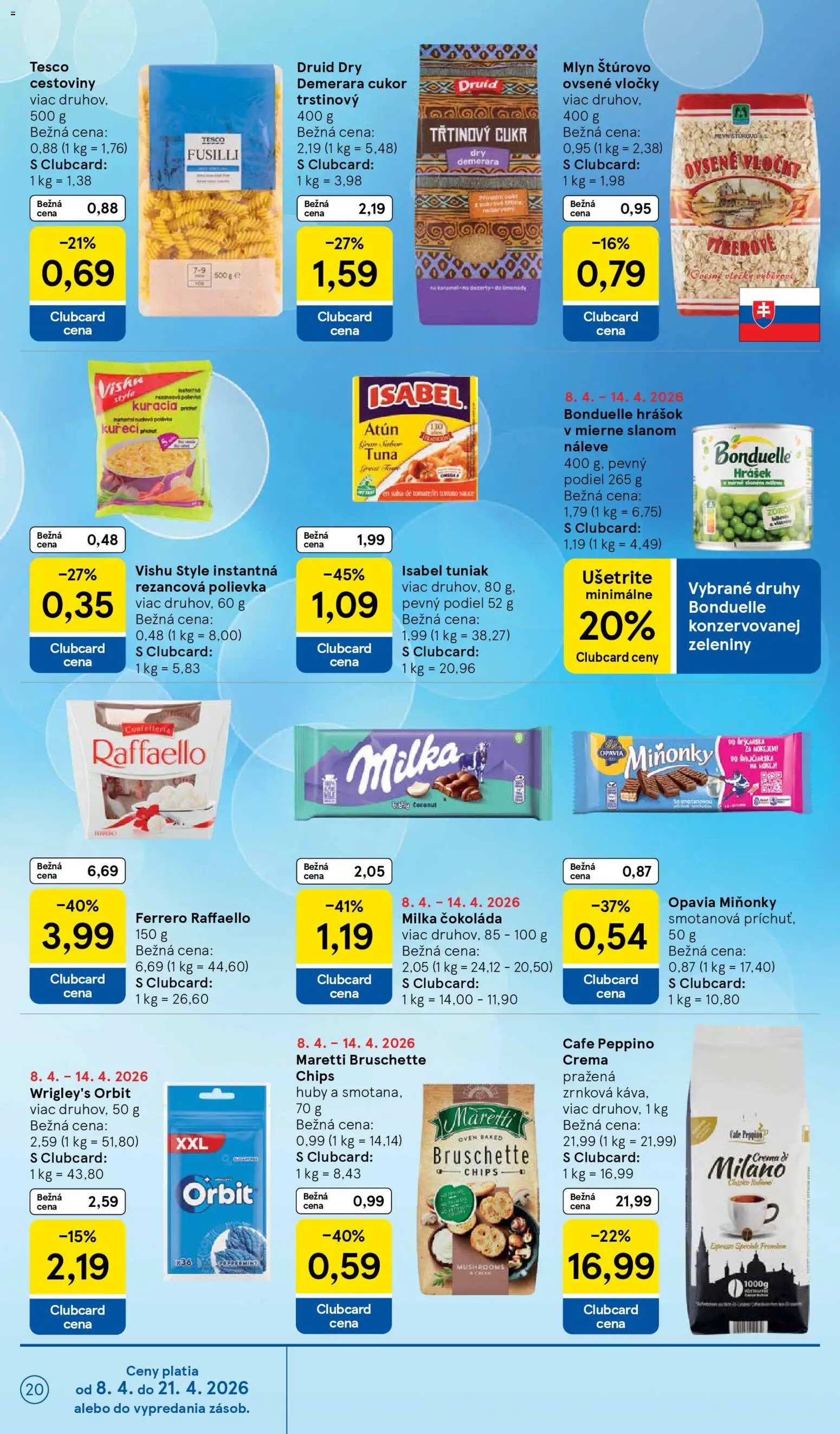 Náhľad Tesco letáku platného od 08.04.2026 - Cestoviny, Zelenina, Ovsené vločky, Milka, Tuniak, Fusilli, Cukor, Vločky