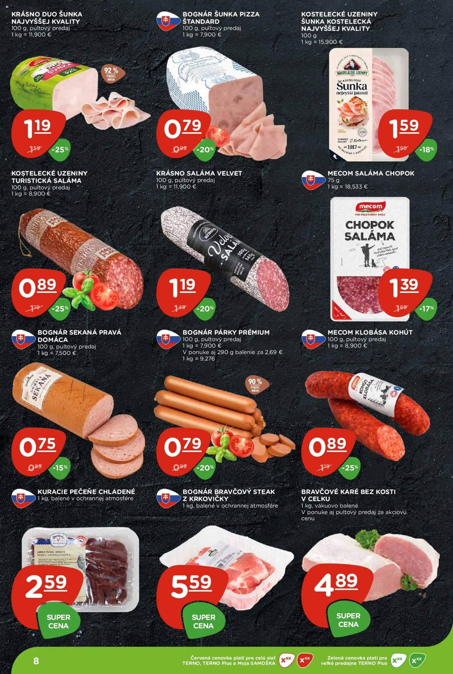 Náhľad Terno letáku platného od 08.10.2026 - Pizza, Steak, Bravčové karé, Klobása, Šunka, Párky, Saláma, Bravčový steak