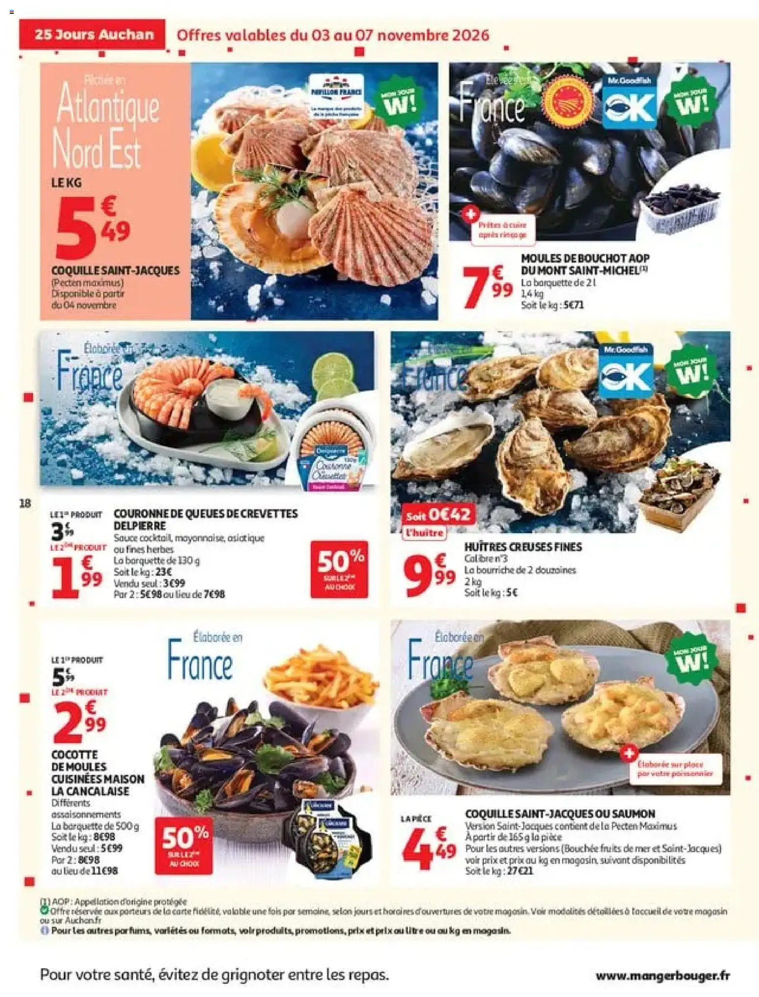 Prévisualisation de Auchan 25 jours 2 hypers du magasin Auchan formulaire valide 03/11/2026 - Fruits, Saumon, Fruits de mer, Frites, Crevettes, Moules de bouchot, Huitres creuses, Coquille saint-jacques