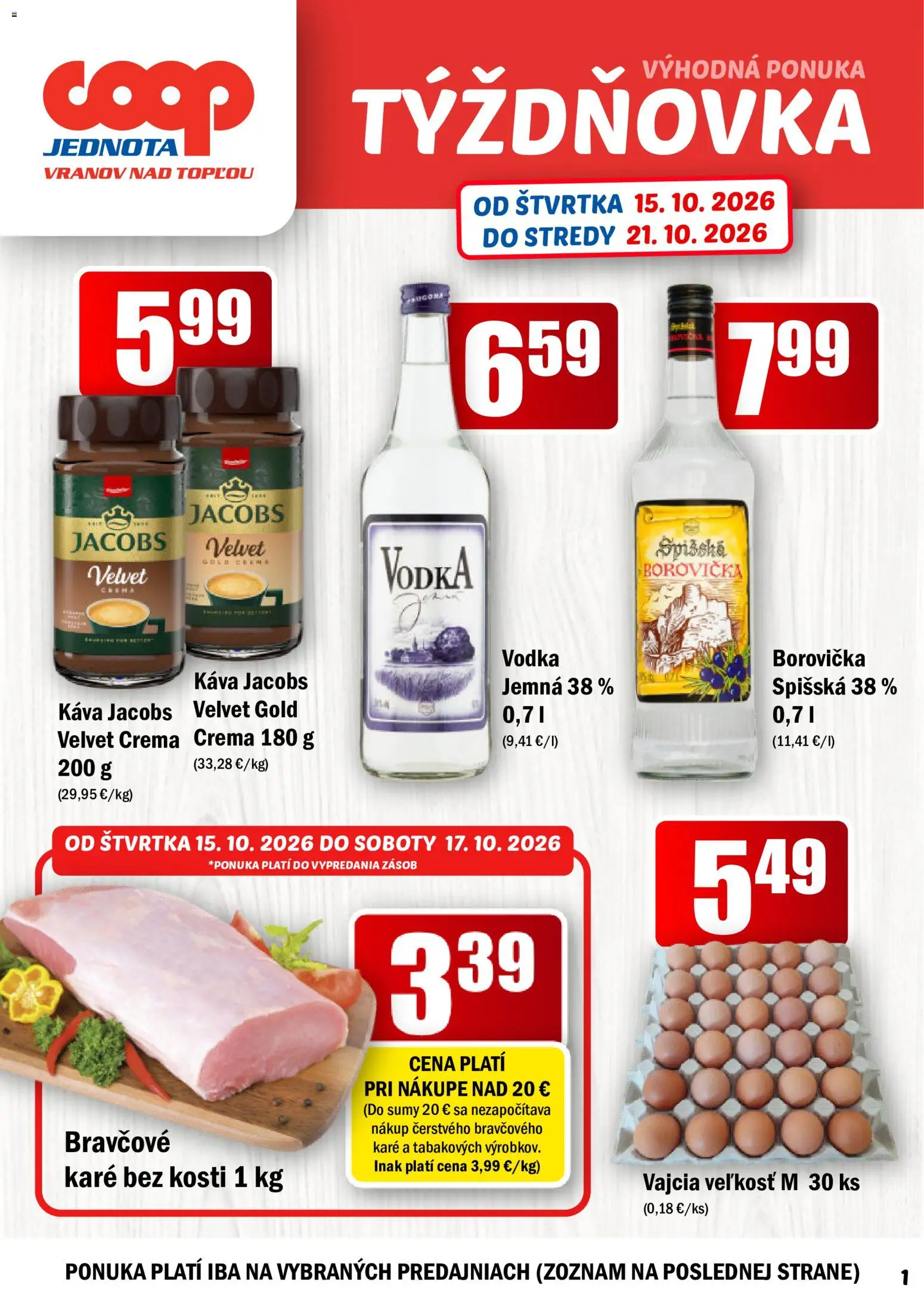 Náhľad COOP Jednota letáku platného od 15.10.2026 - Káva, Vodka, Borovička, Vajcia, Jacobs Velvet
