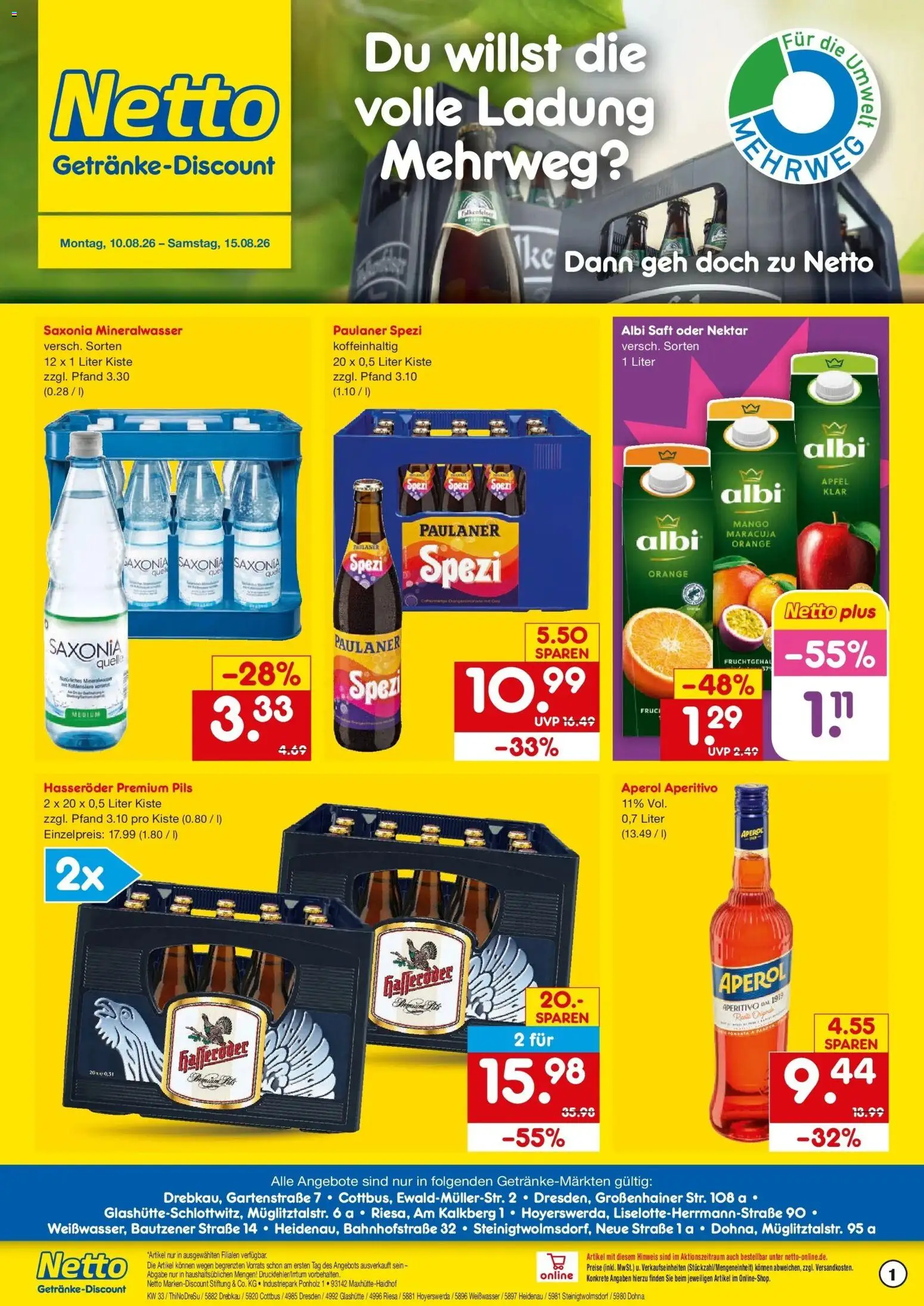 Vorschau von dem Prospekt des Geschäftes Netto Marken-Discount, gültig ab dem 10.08.2026 - Äpfel, Aperol, Mineralwasser, Paulaner spezi, Paulaner, Saft, Hasseröder, Pils