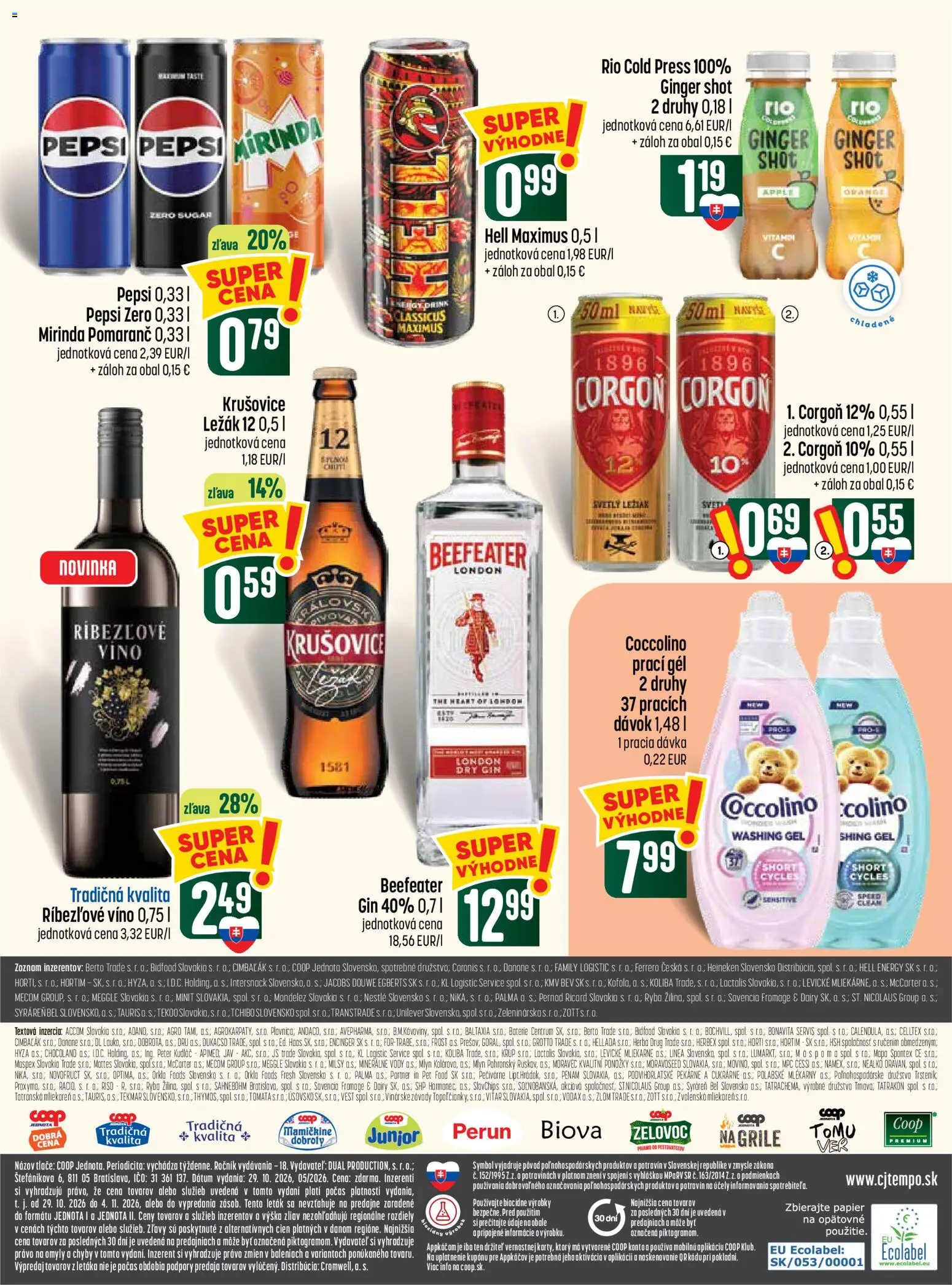 Náhľad COOP Jednota letáku platného od 29.10.2026 - Apple, Víno, Heineken, Beefeater, Pepsi, Batérie, Krušovice, Coccolino